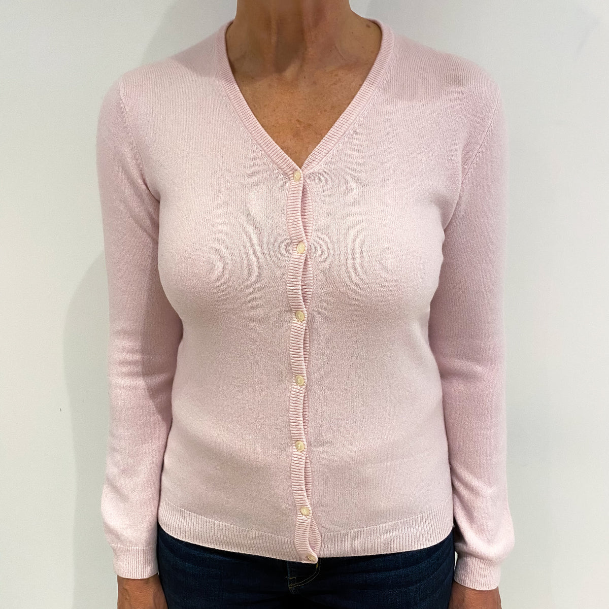 Pale Pink Cashmere V Neck Cardigan Medium