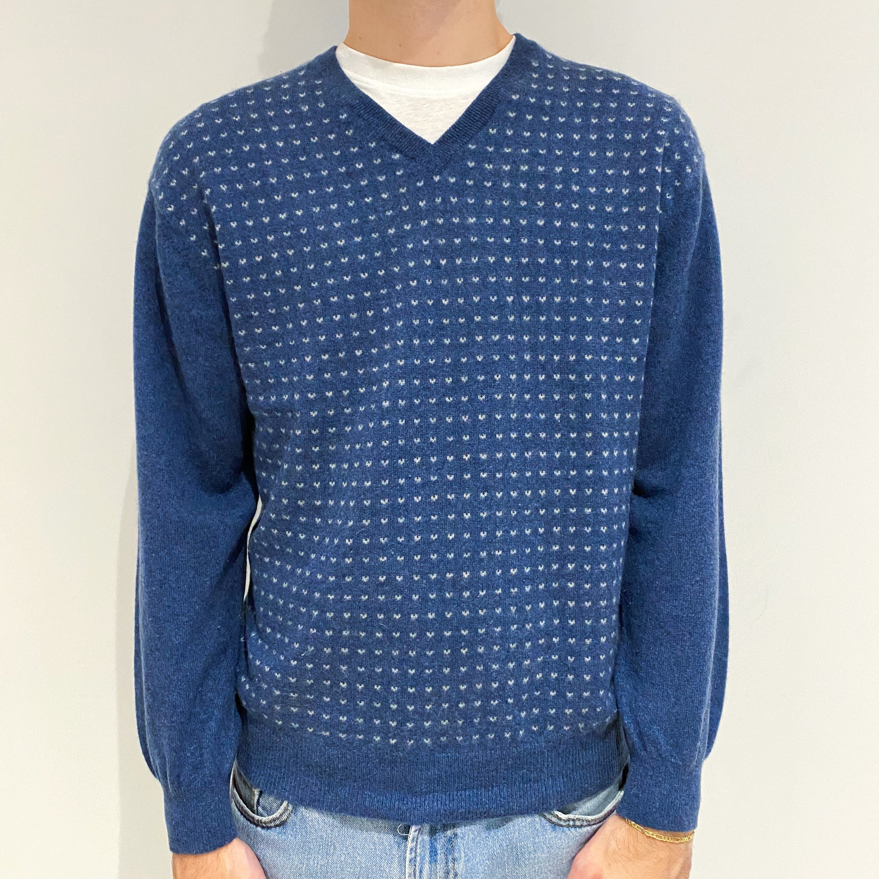 Men's Airforce Blue Patterned Cashmere V-Neck Jumper Large