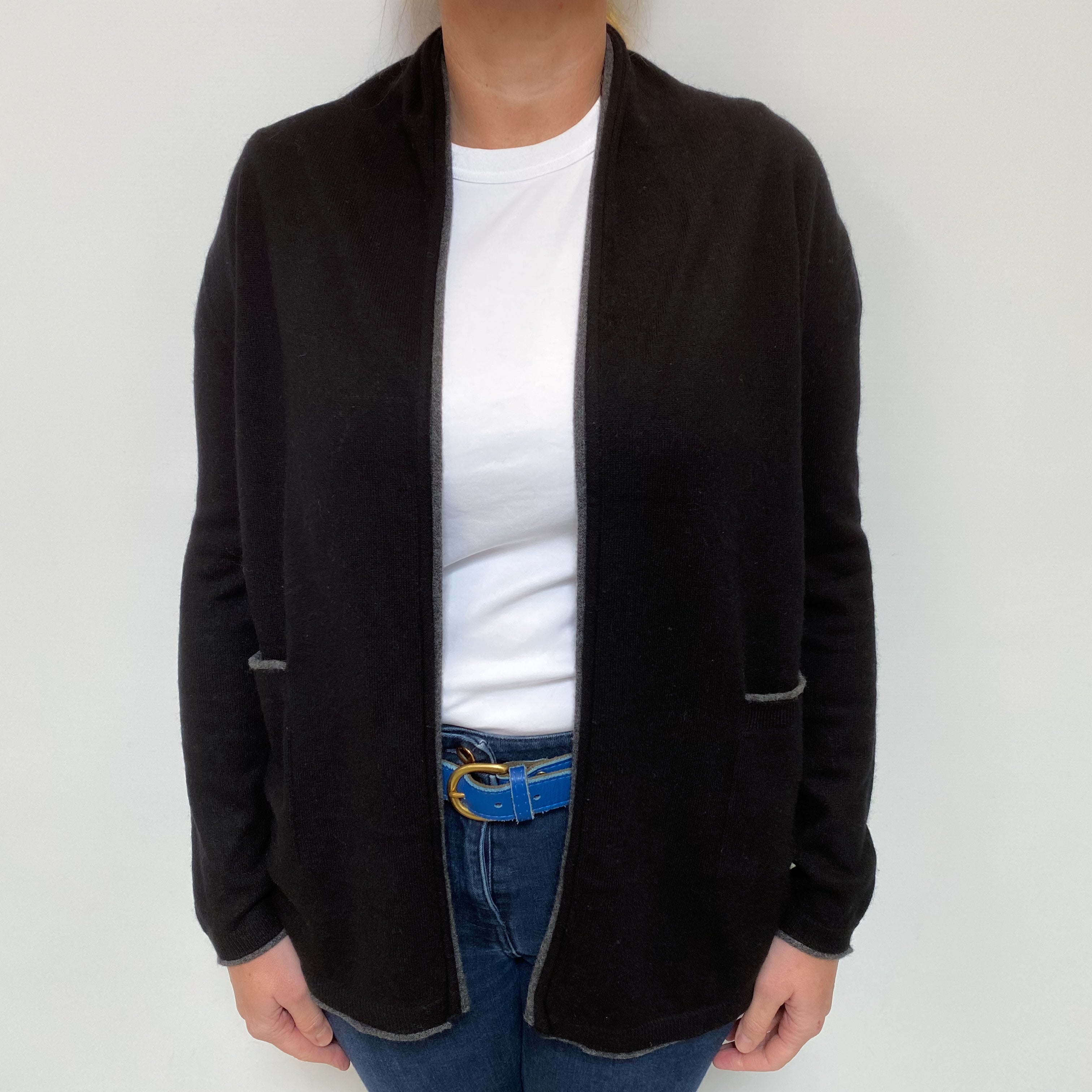 Black Cashmere Edge to Edge Cardigan with Pockets Large