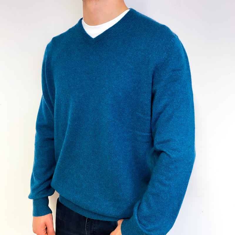 Men's Peacock Blue Cashmere V-Neck Jumper Extra Large