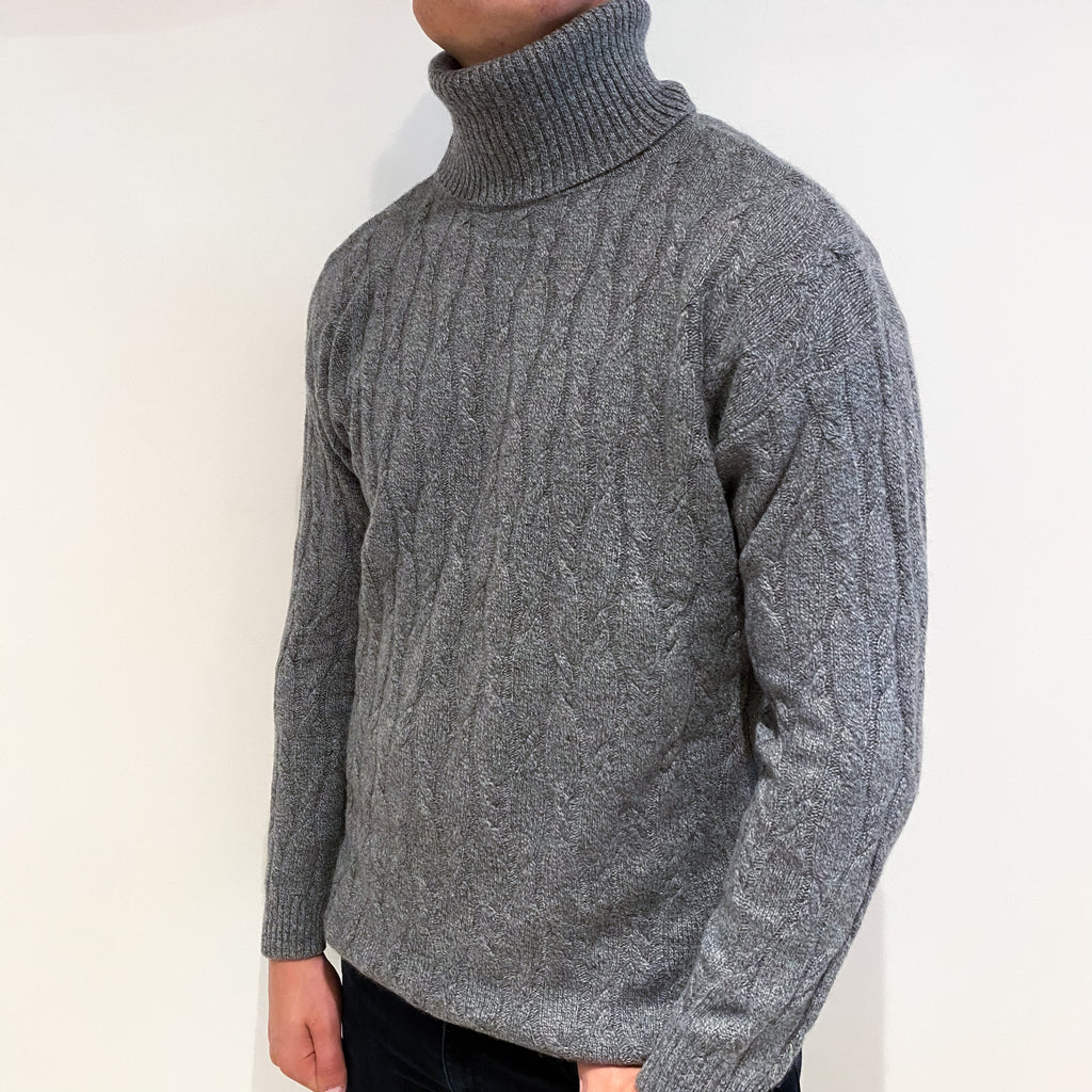 Men's Grey Marl Cable Knit Cashmere Polo Neck Jumper Extra Large
