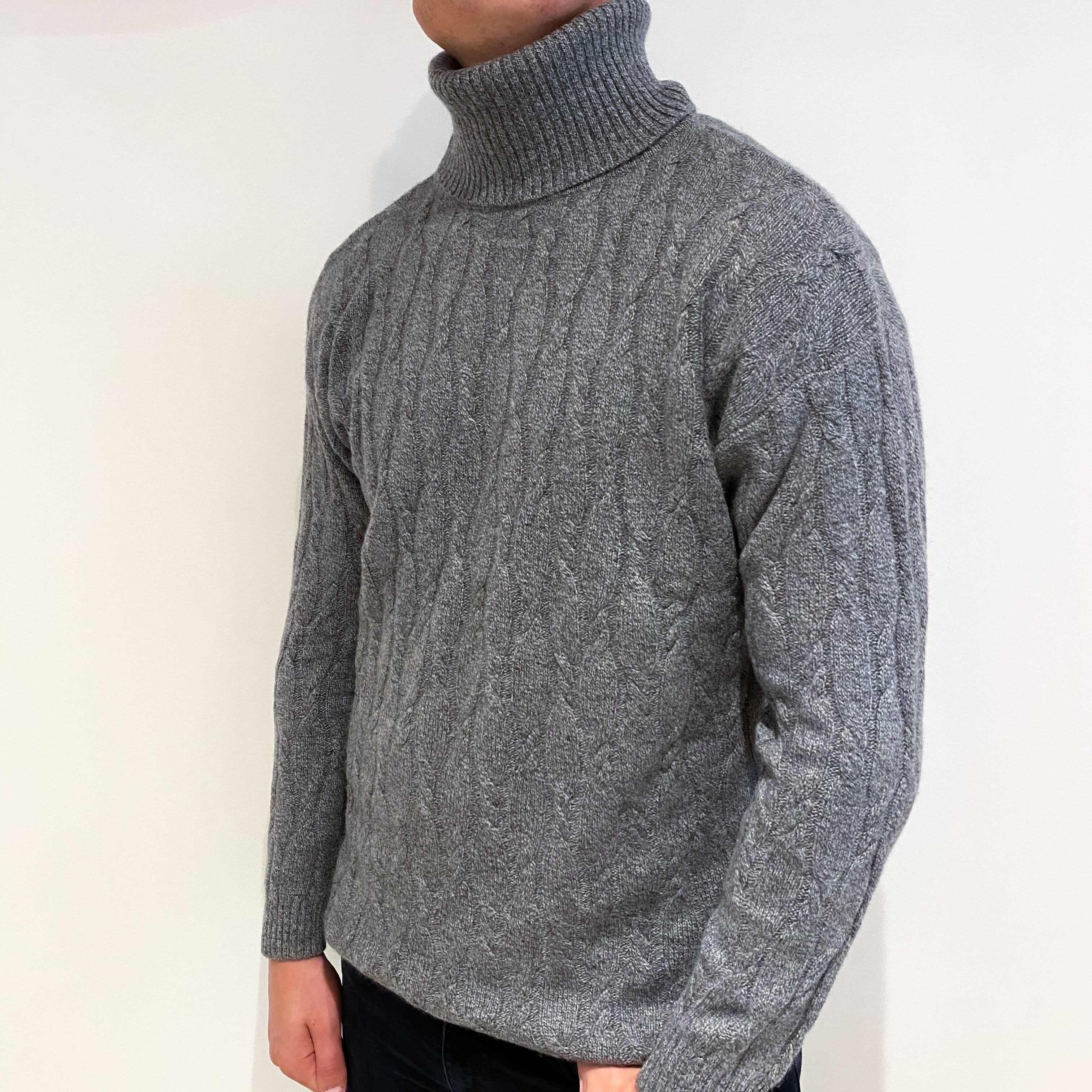 Men's Grey Marl Cable Knit Cashmere Polo Neck Jumper Extra Large