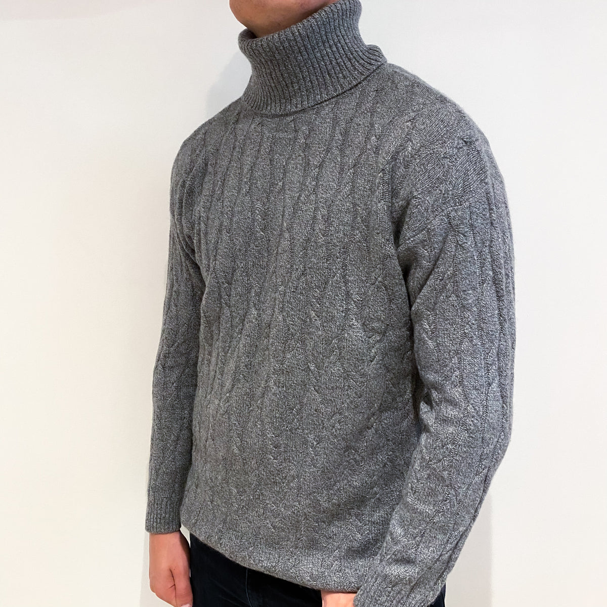 Men's Grey Marl Cable Knit Cashmere Polo Neck Jumper Extra Large