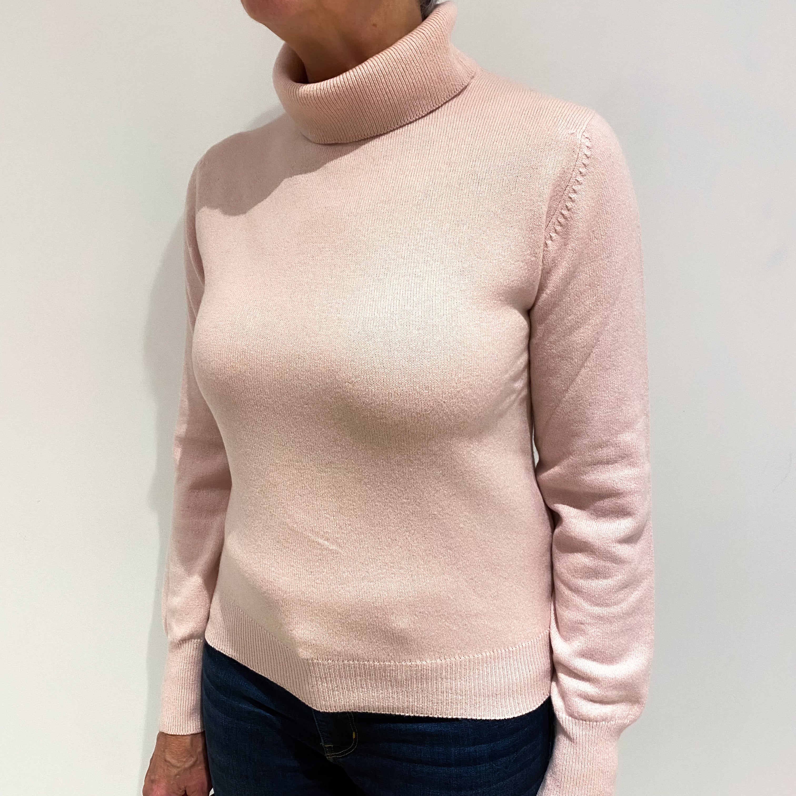 Pale Pink Cashmere Polo Neck Jumper Medium