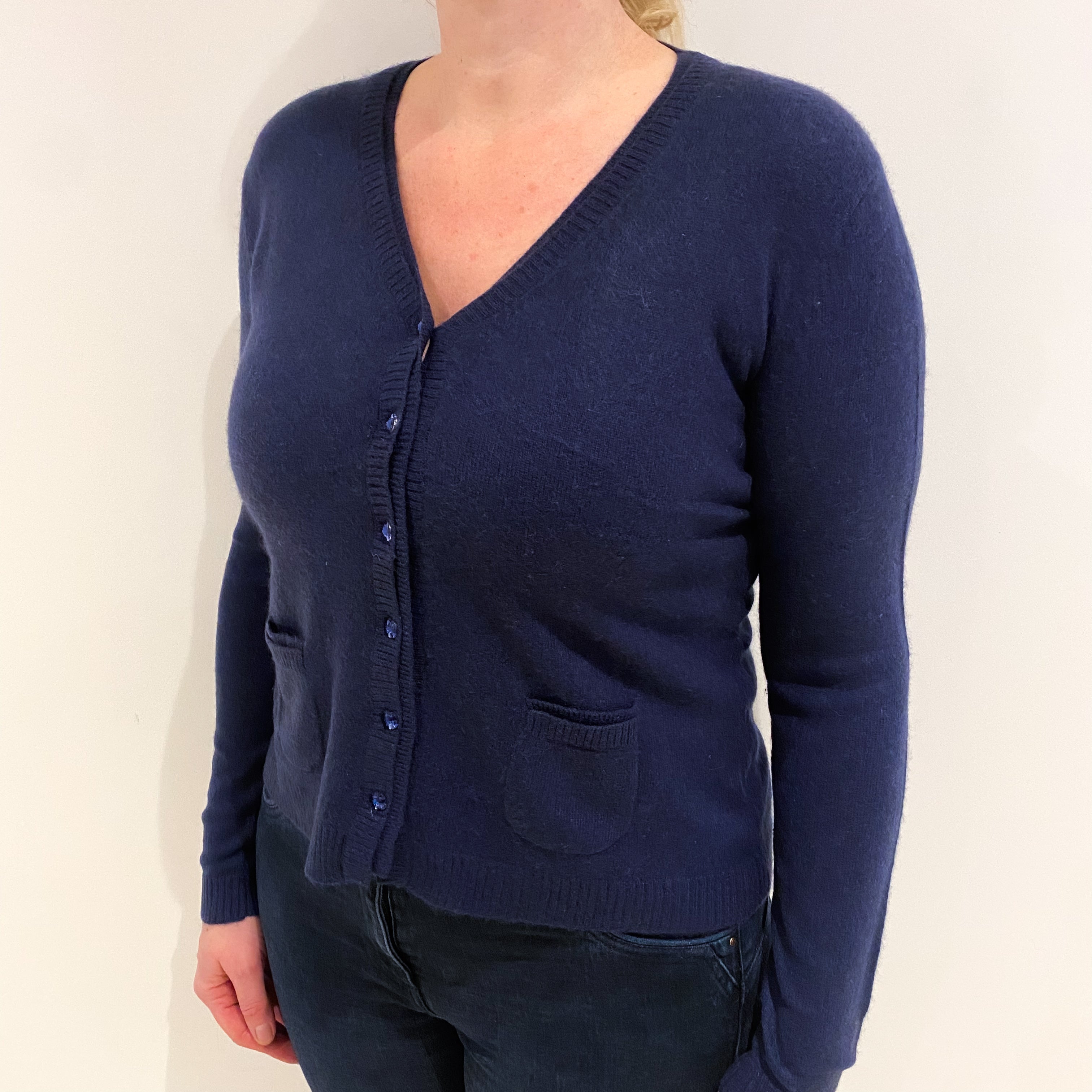 Midnight Navy Cashmere V Neck Cardigan With Pockets Large