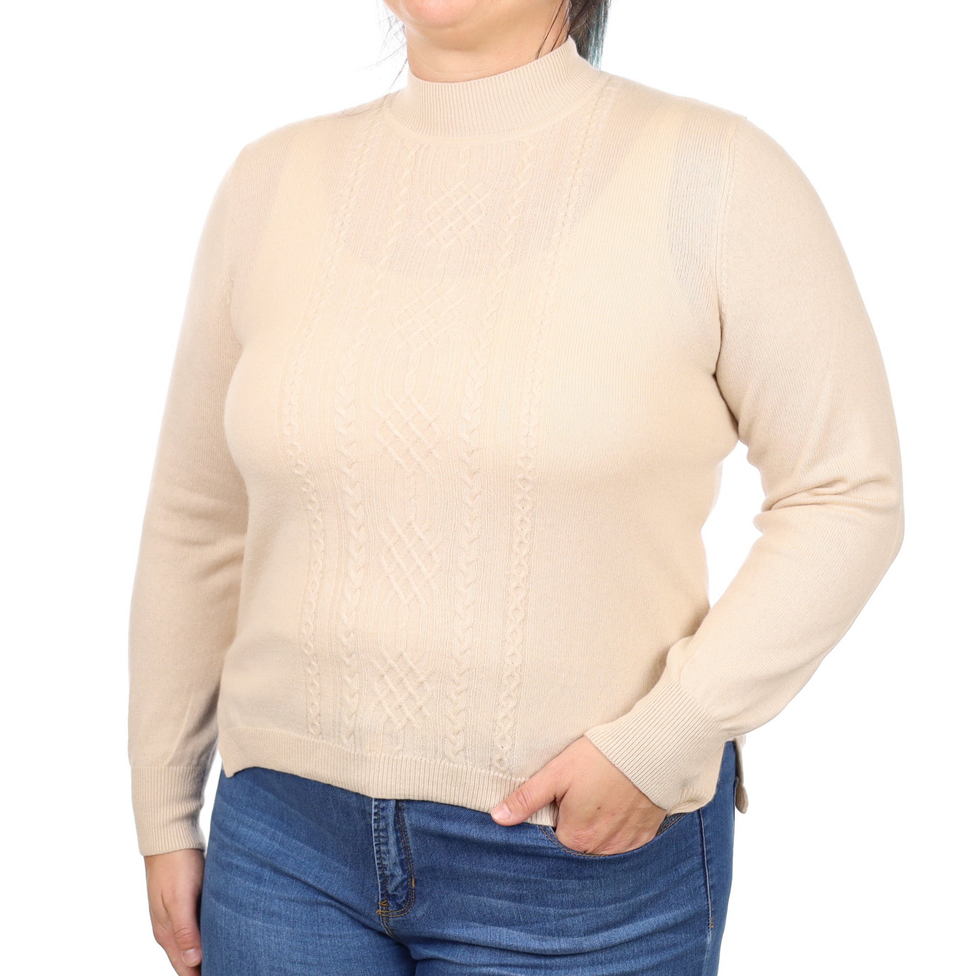 Beige Cable Front Cashmere Turtle Neck Jumper Large
