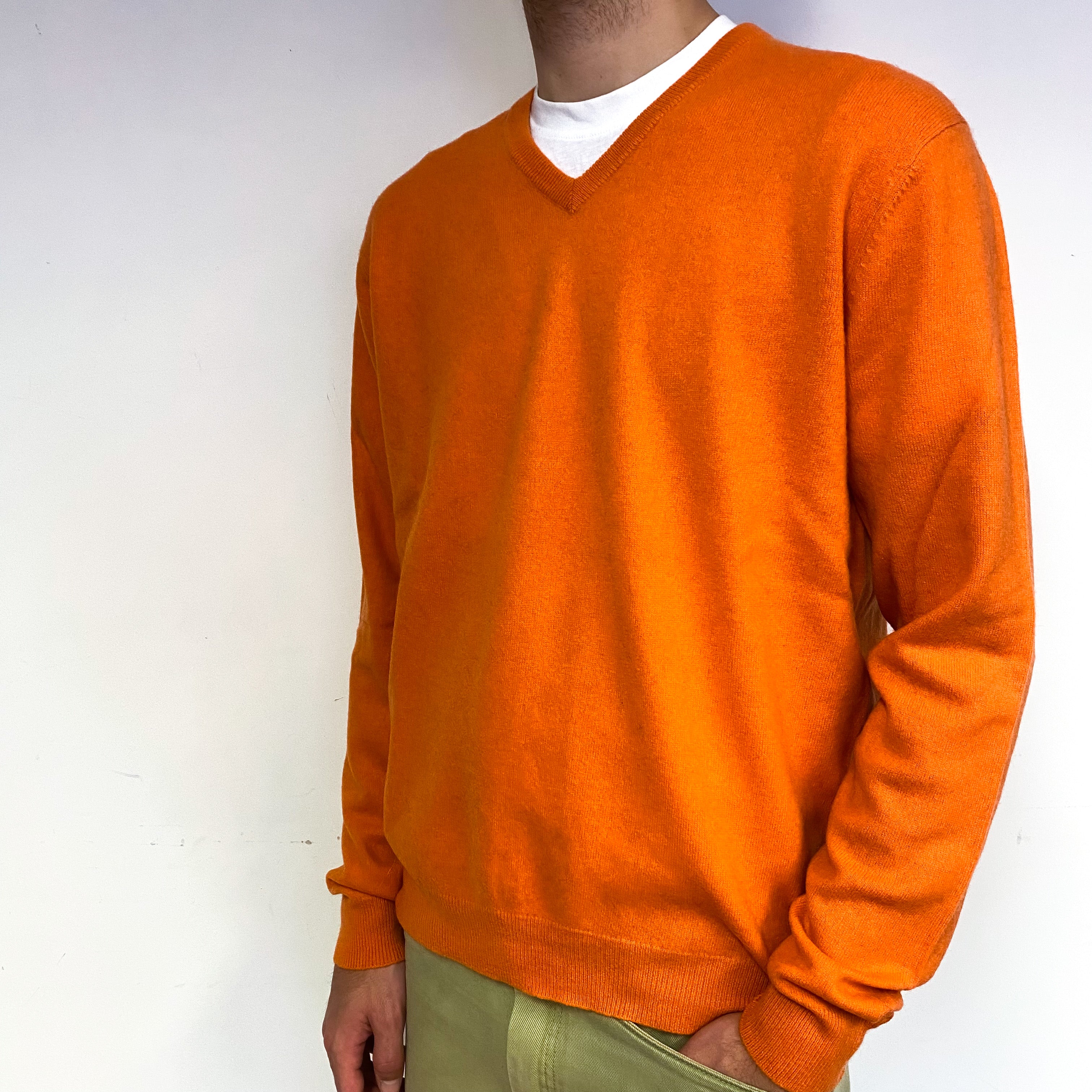 Men's Tiger Orange Cashmere V-Neck Jumper Large