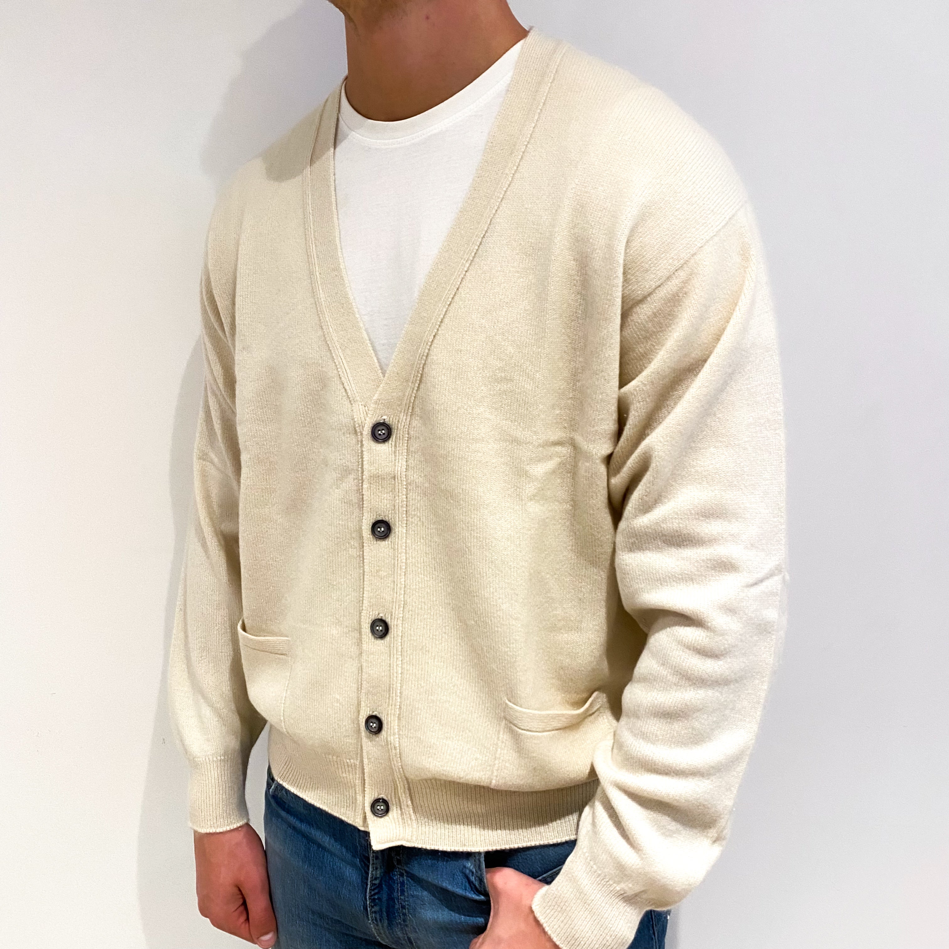 Men's Scottish Cream Cashmere V Neck Cardigan XXL