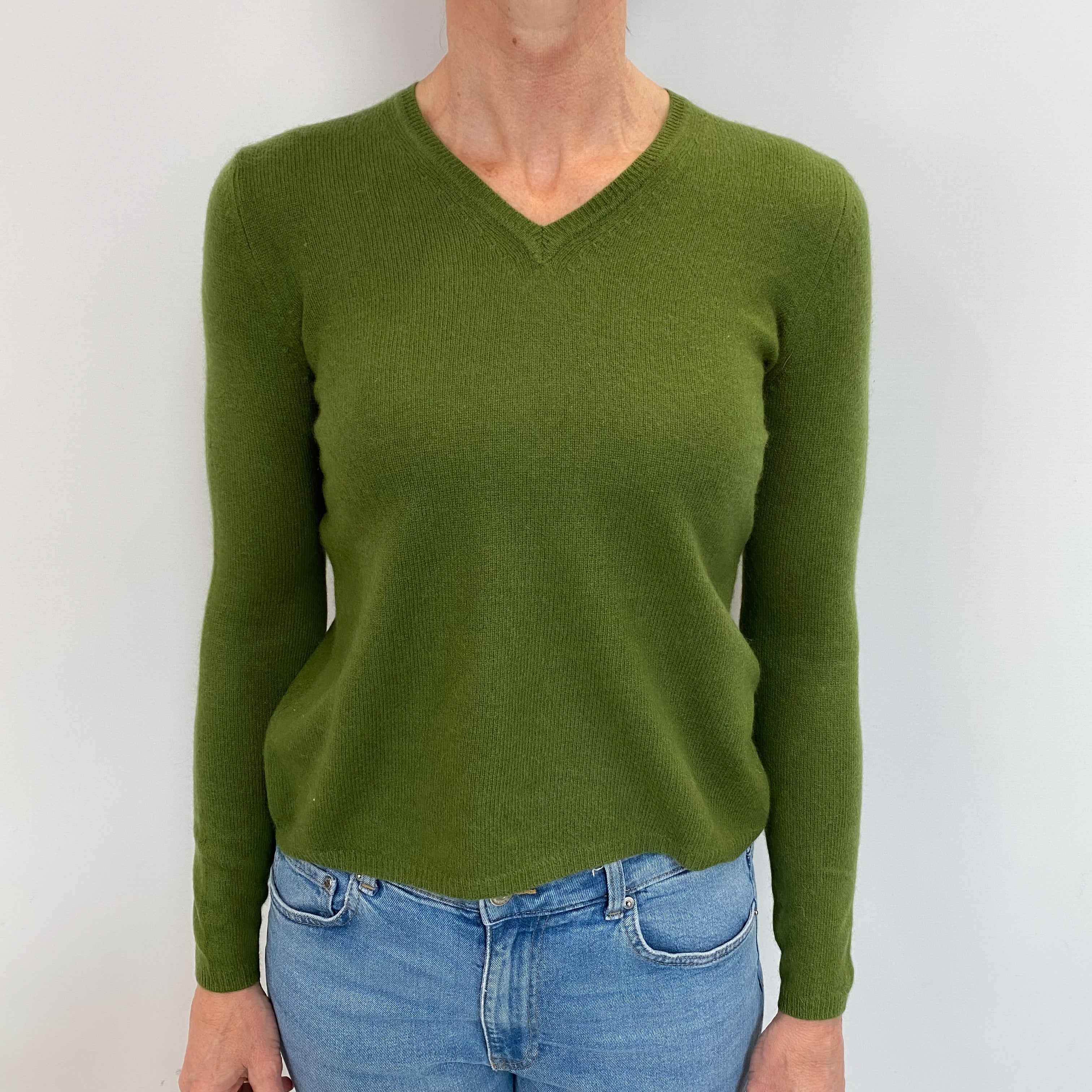 Fern Green Cashmere V Neck Jumper Small