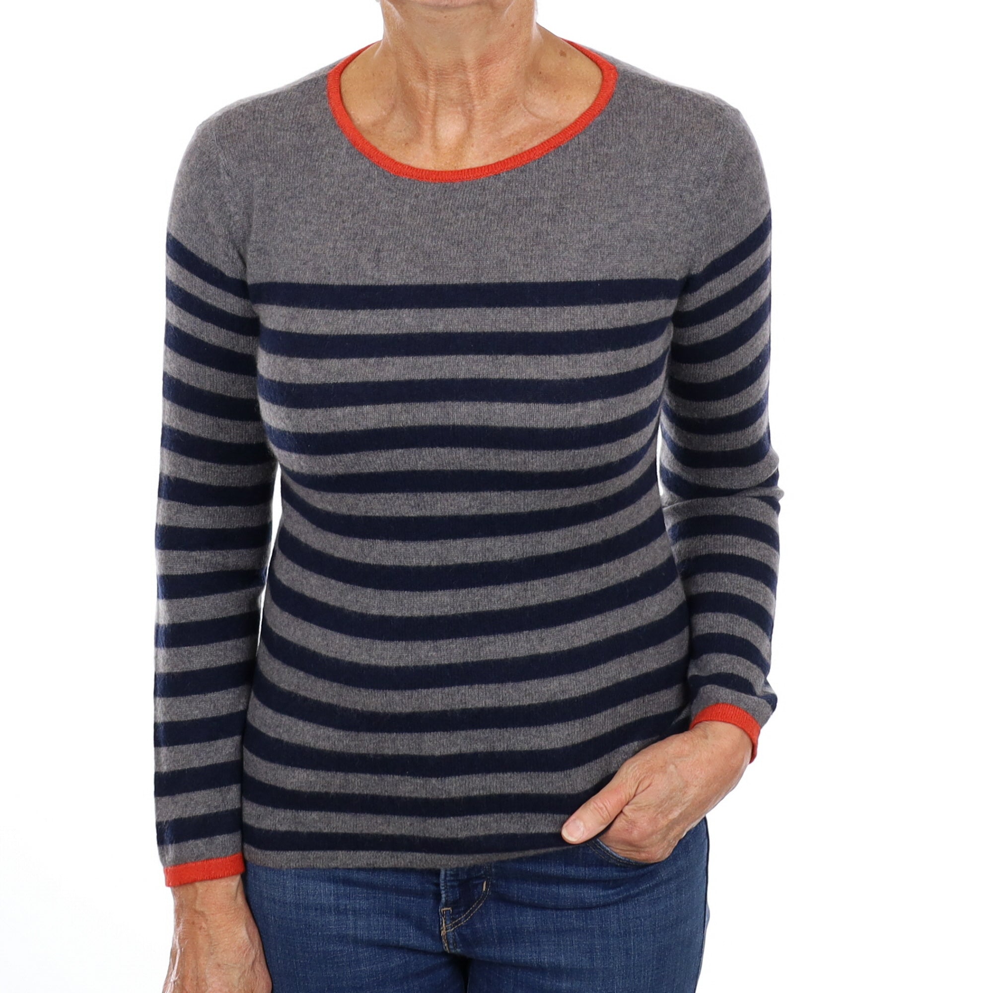 Italian Grey Navy Stripe Cashmere Crew Neck Jumper Medium