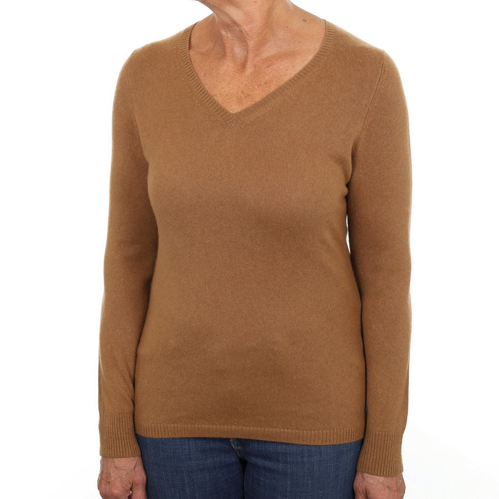 Cinnamon Brown Cashmere V Neck Jumper Medium