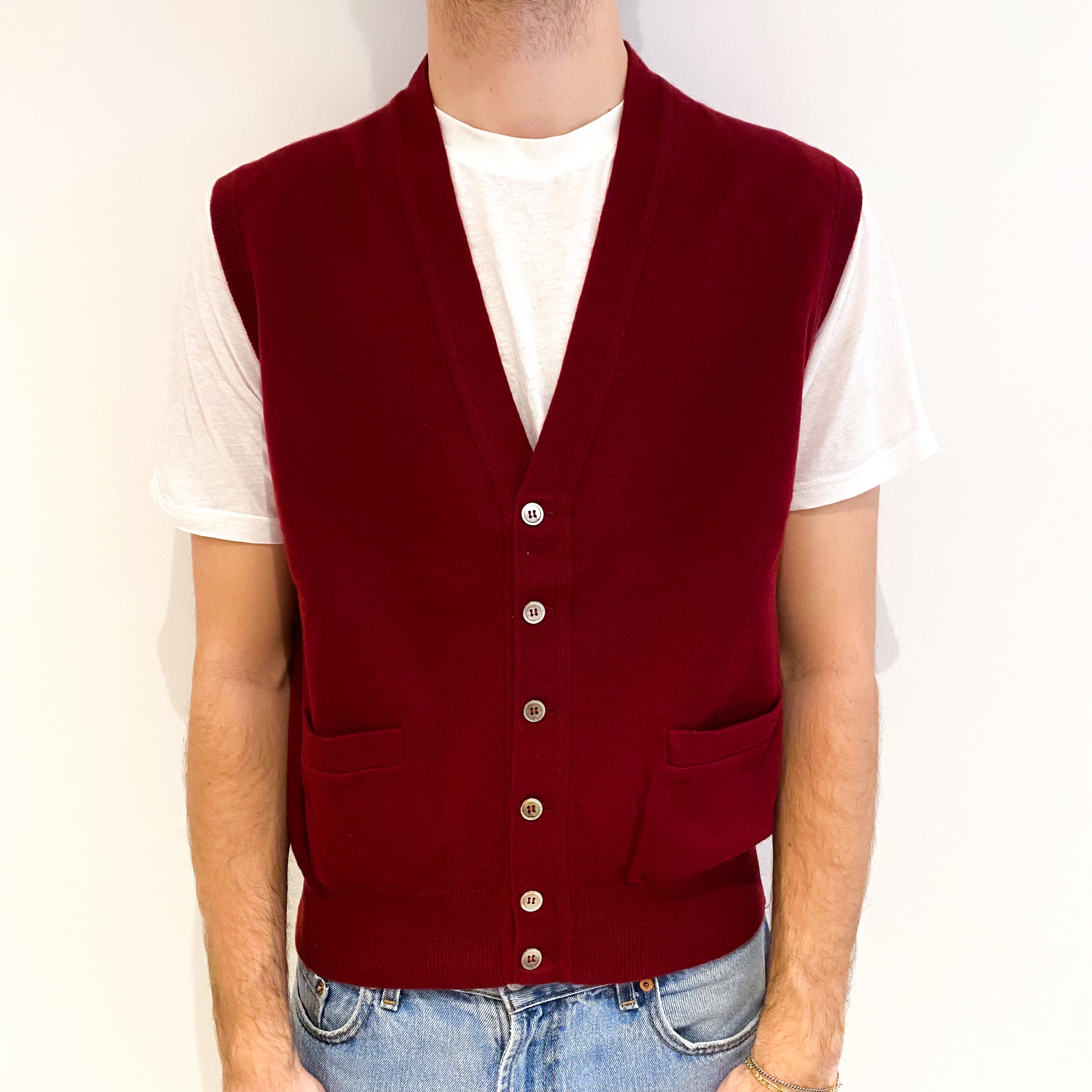 Men's Wine Red Cashmere V Neck Sleeveless Cardigan Large