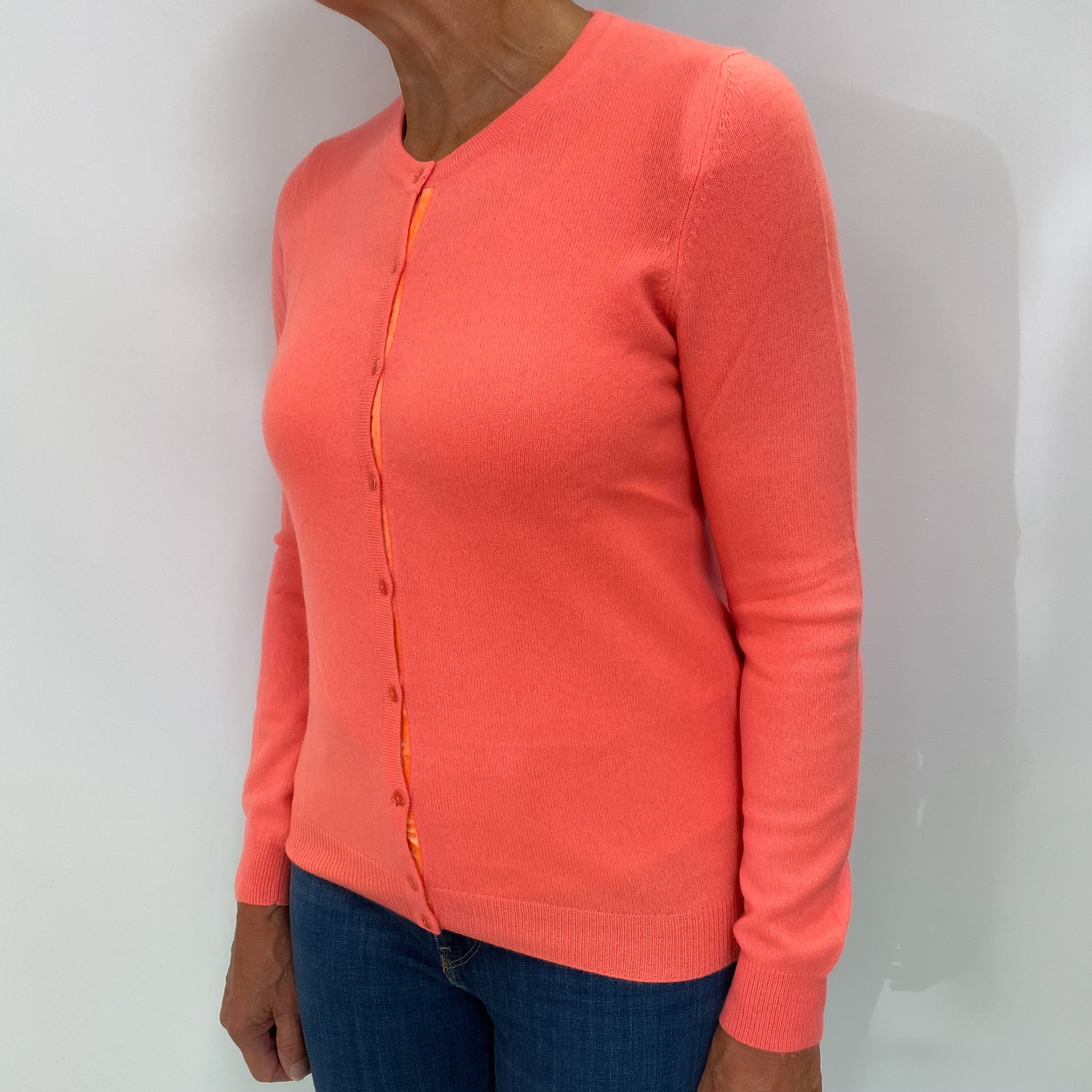 Bright Coral Orange Cashmere Crew Neck Cardigan Medium