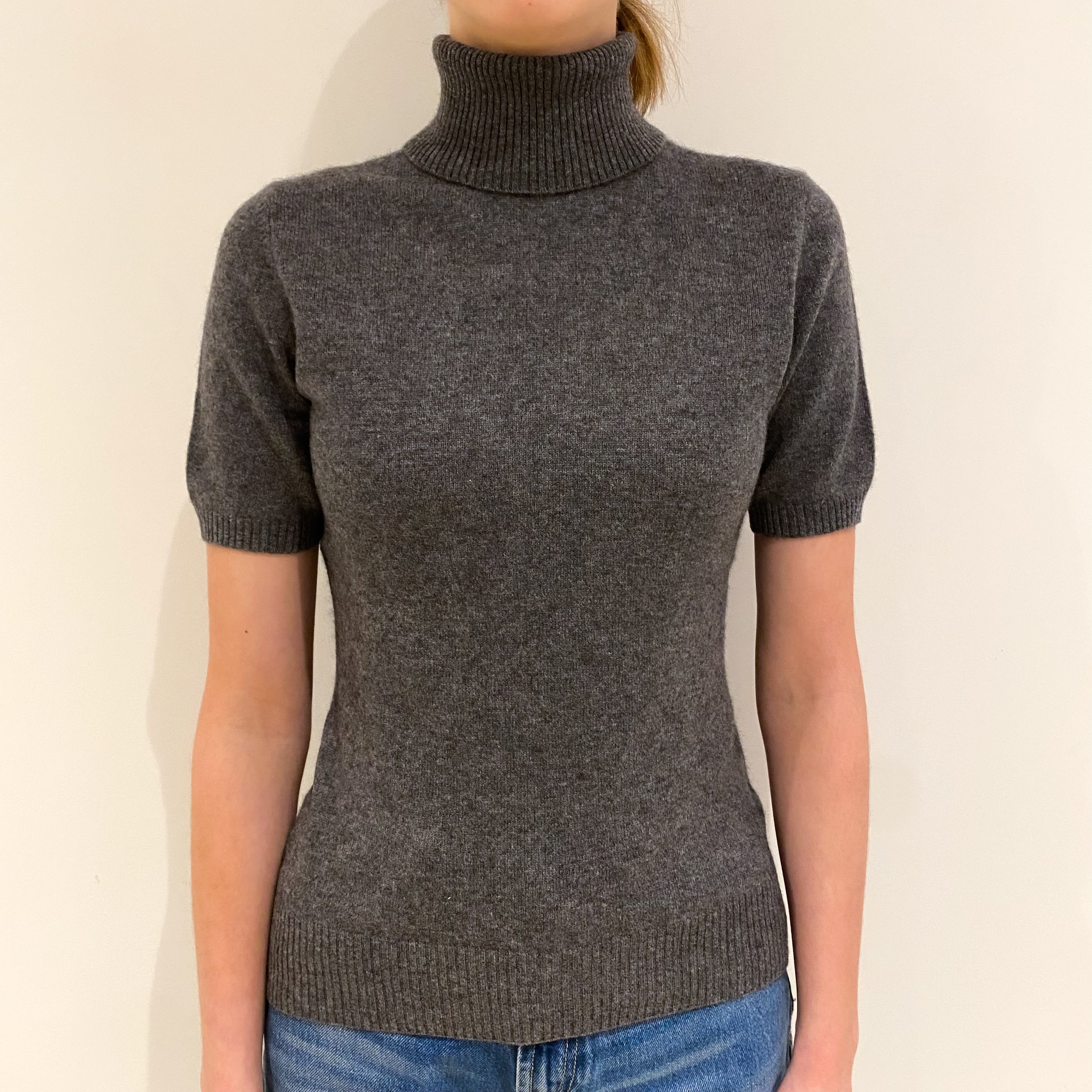 Slate Grey Cashmere Short Sleeve Polo Neck Jumper Extra Small