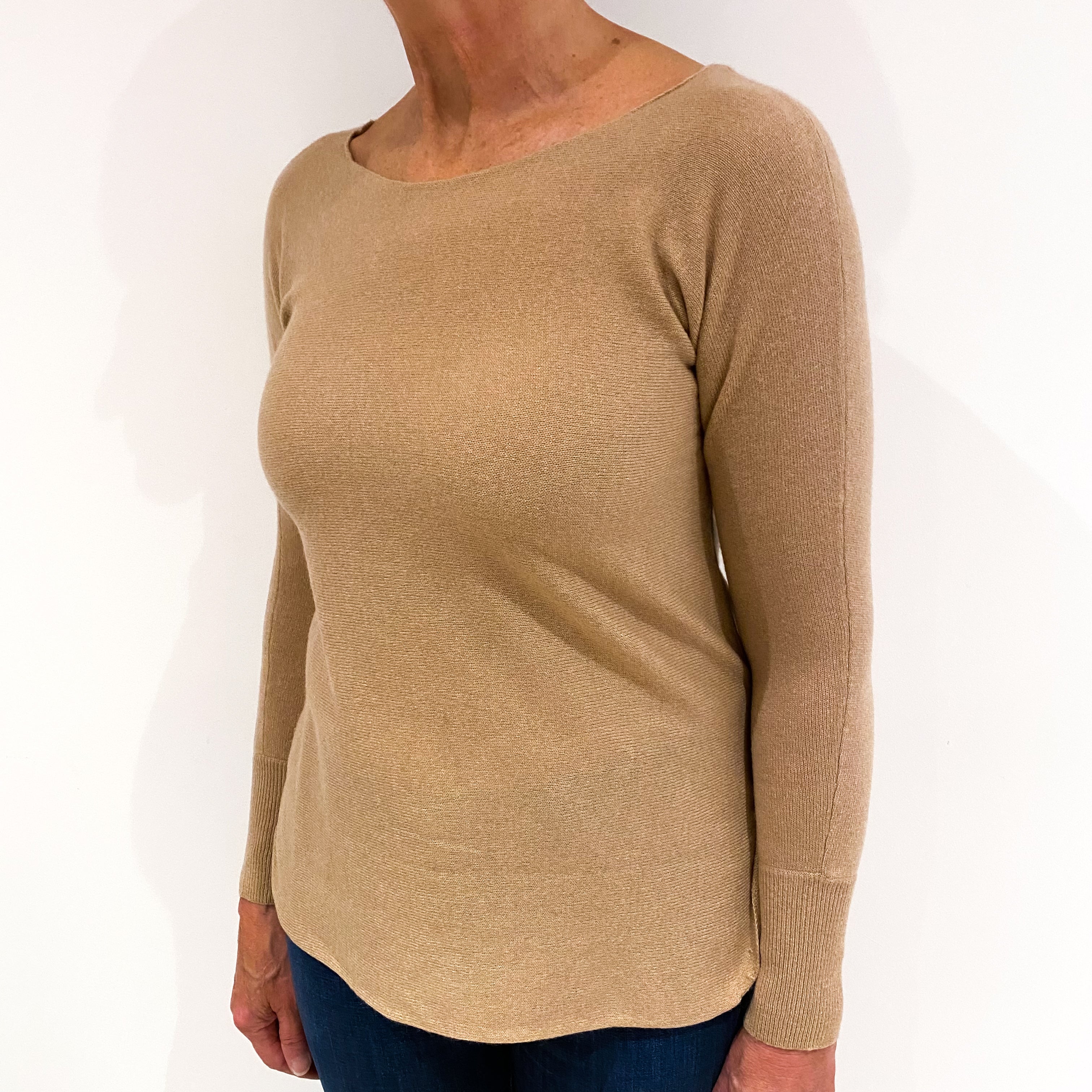 Caramel Latte Brown Cashmere Wide Crew Neck Jumper Medium