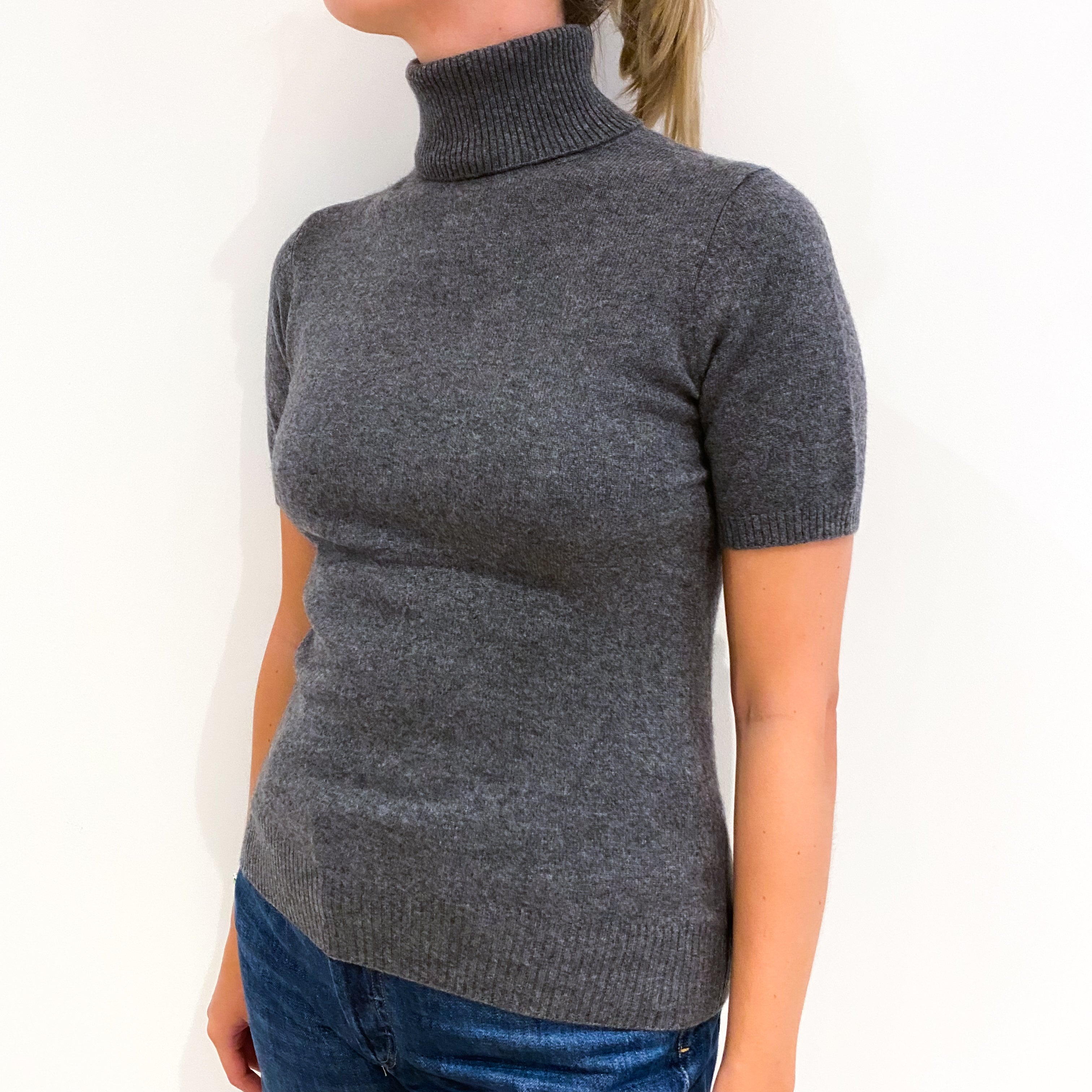 Ash Grey Short Sleeved Cashmere Polo Neck Jumper Small