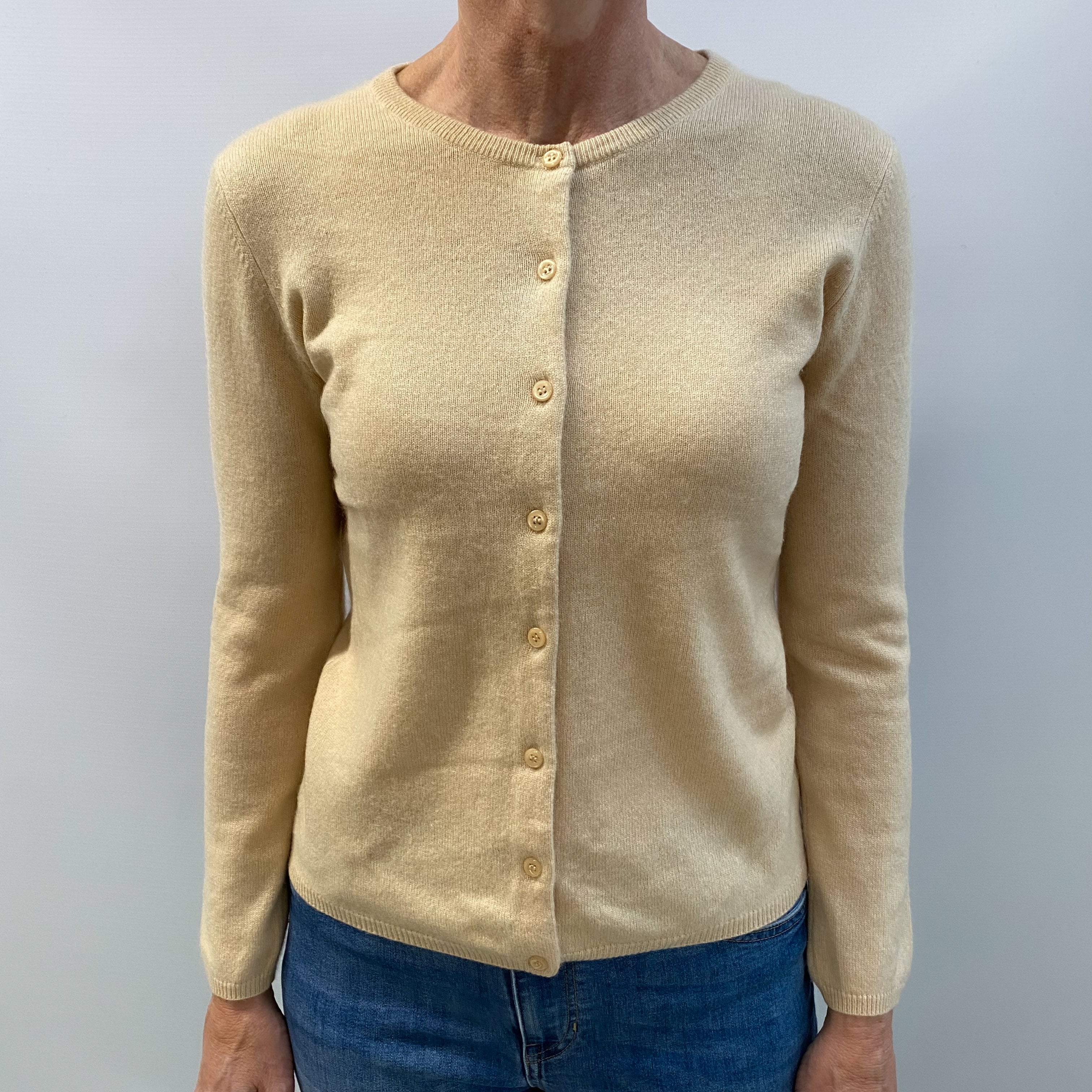 Sand Beige Cashmere Crew Neck Cardigan Small