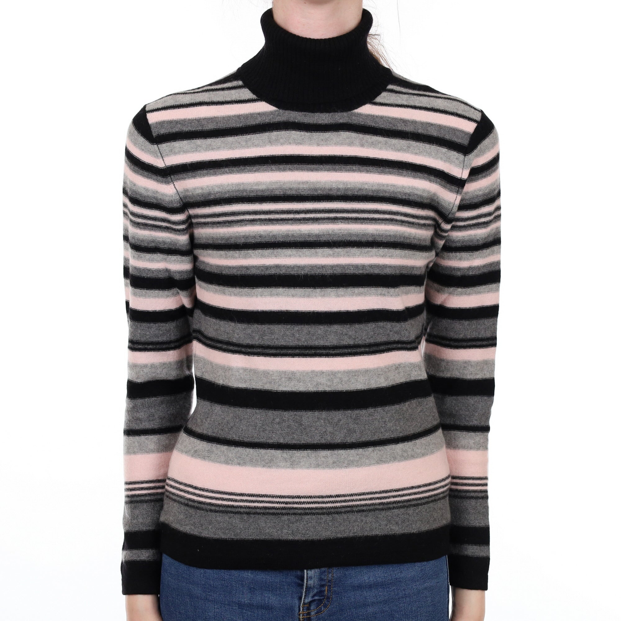 Grey and Pink Striped Cashmere Polo Neck Jumper Extra Small