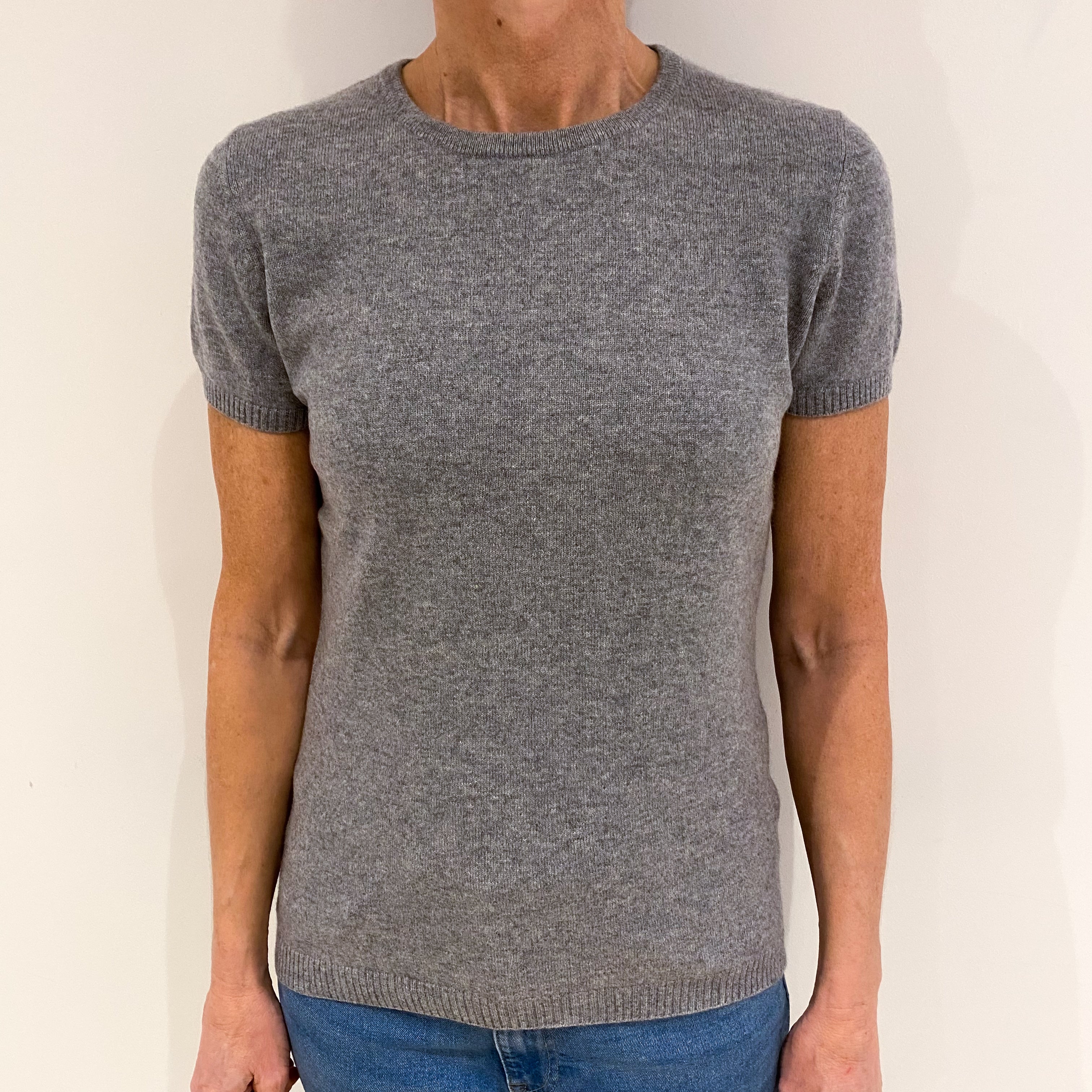 Steel Grey Cashmere Short Sleeved Crew Neck Jumper Small