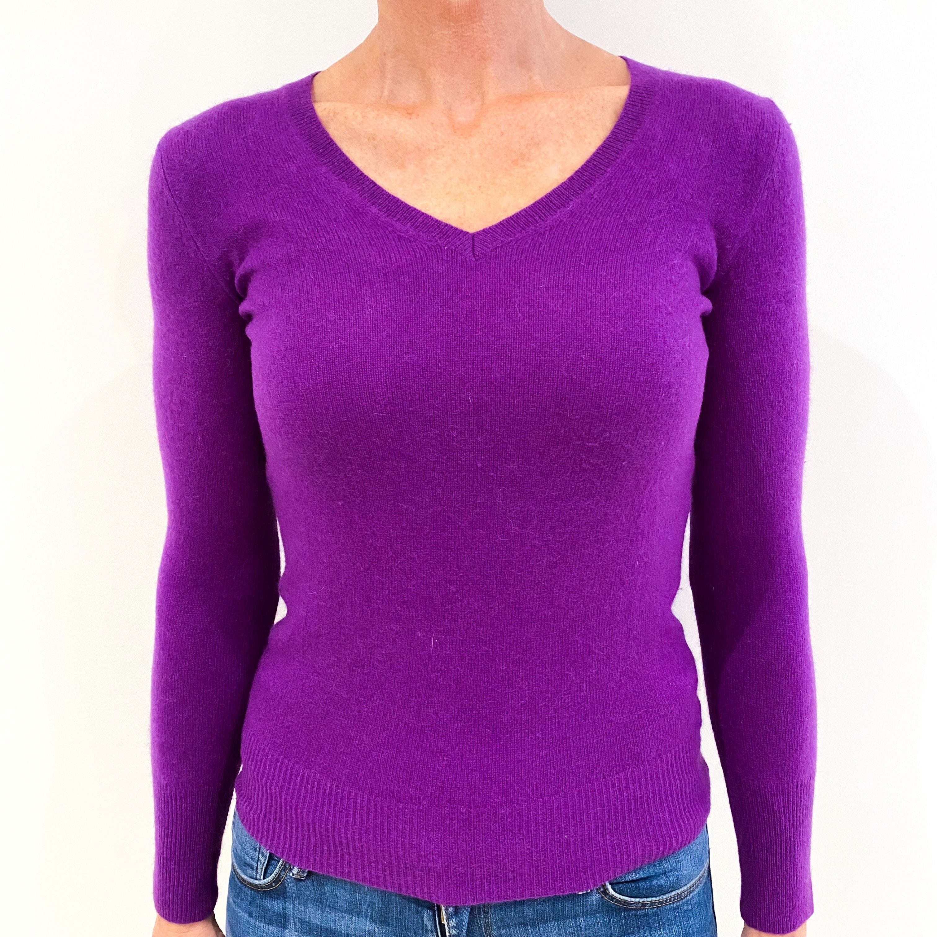 Magenta Purple Cashmere V-Neck Jumper Small