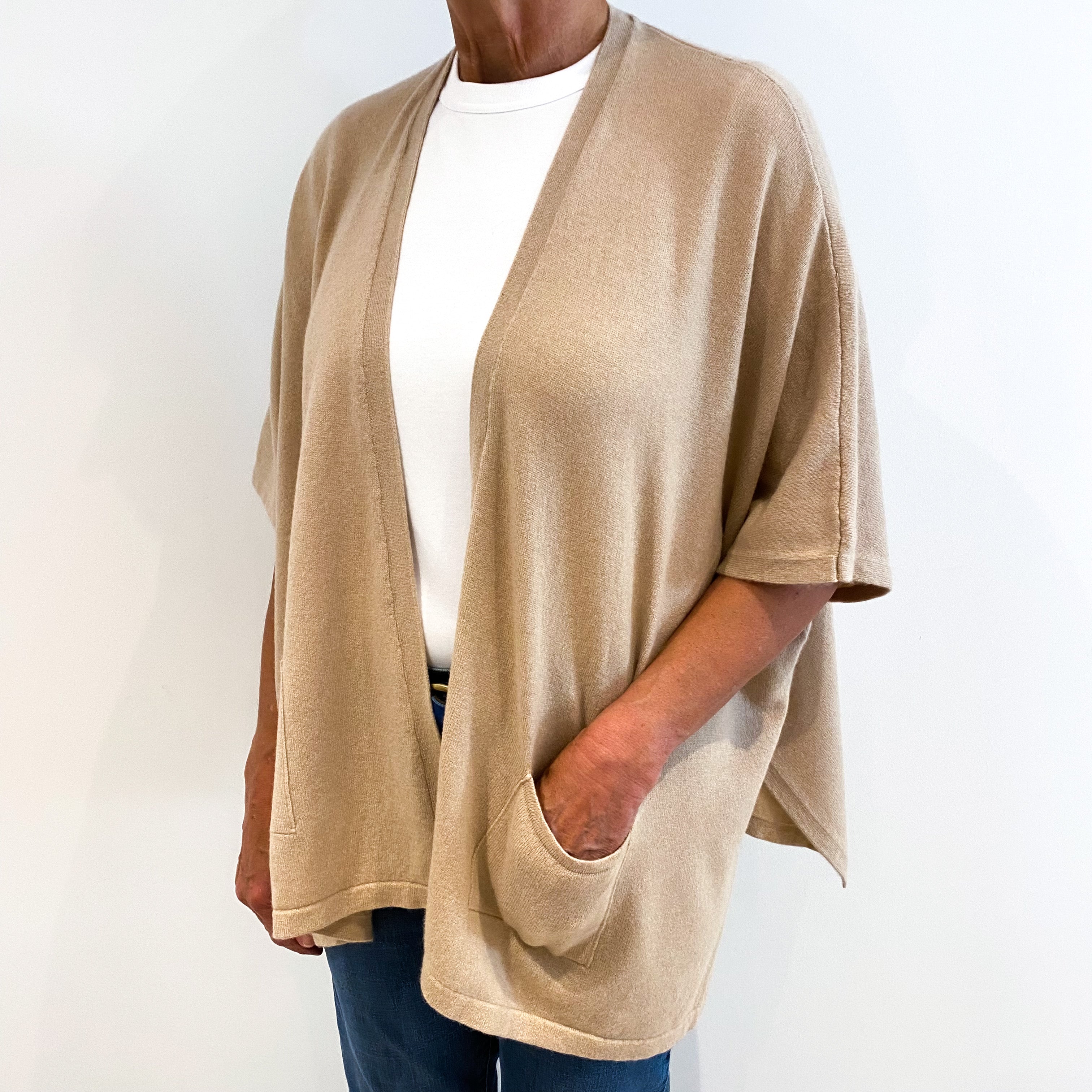 Buff Beige Cashmere Short Sleeved To Edge Cardigan Medium