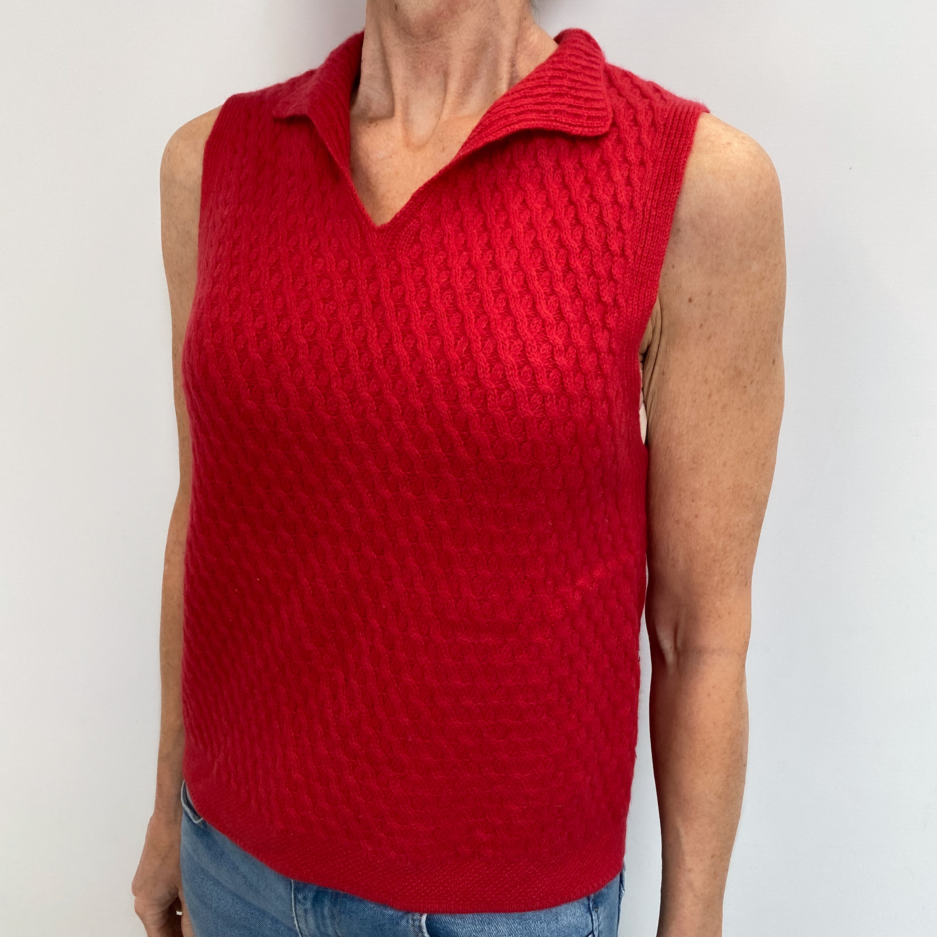 Strawberry Red Cashmere Sleeveless Notch Neck Jumper Small