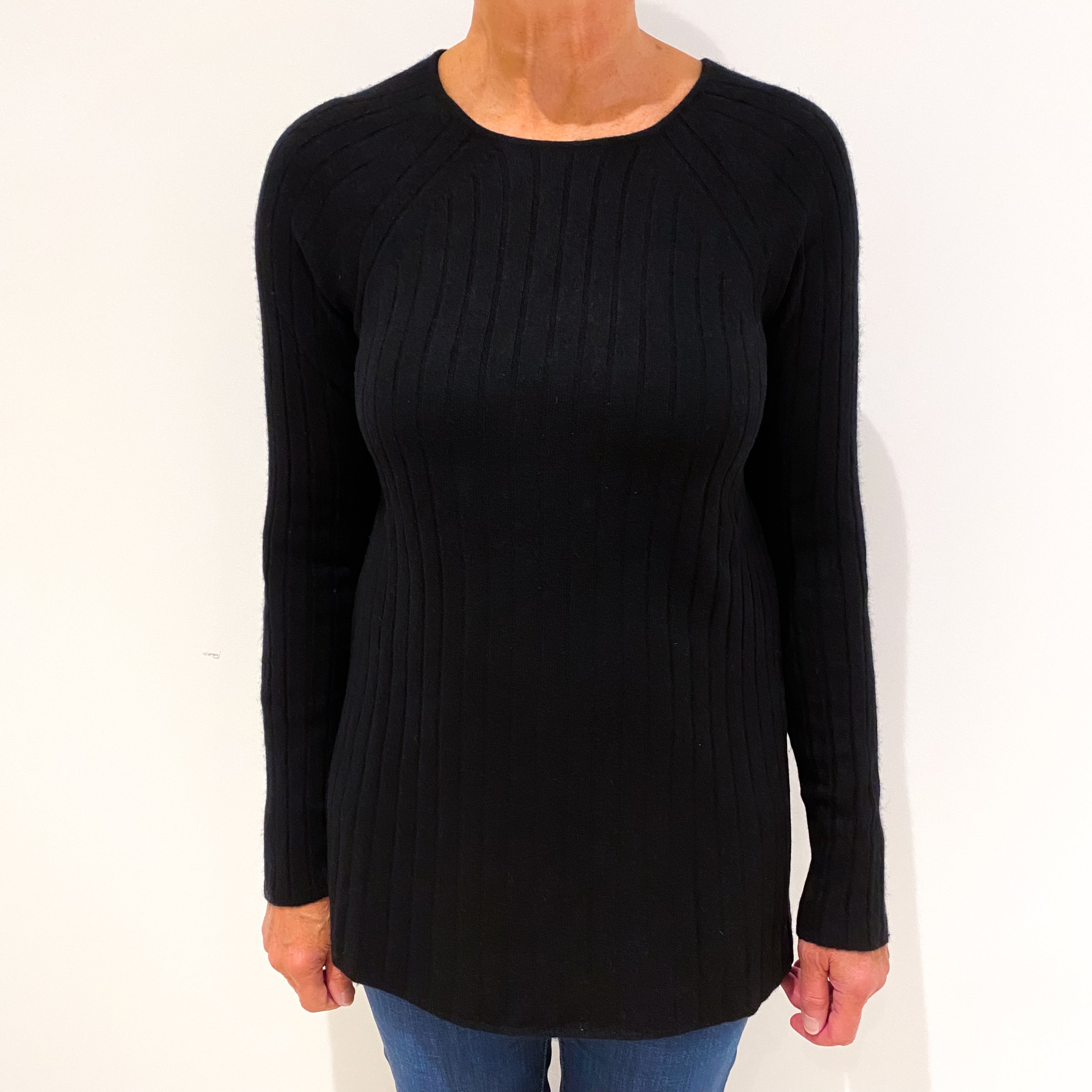 Black Ribbed Cashmere Crew Neck Jumper Medium