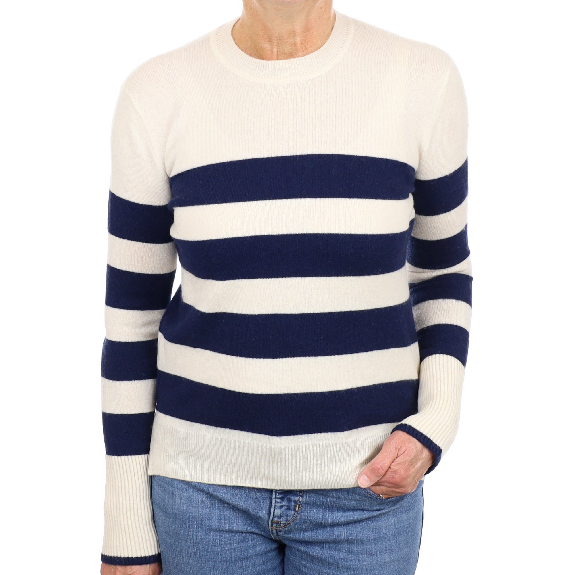 La aligns Cream and Navy Striped Cashmere Crew Neck Jumper Medium