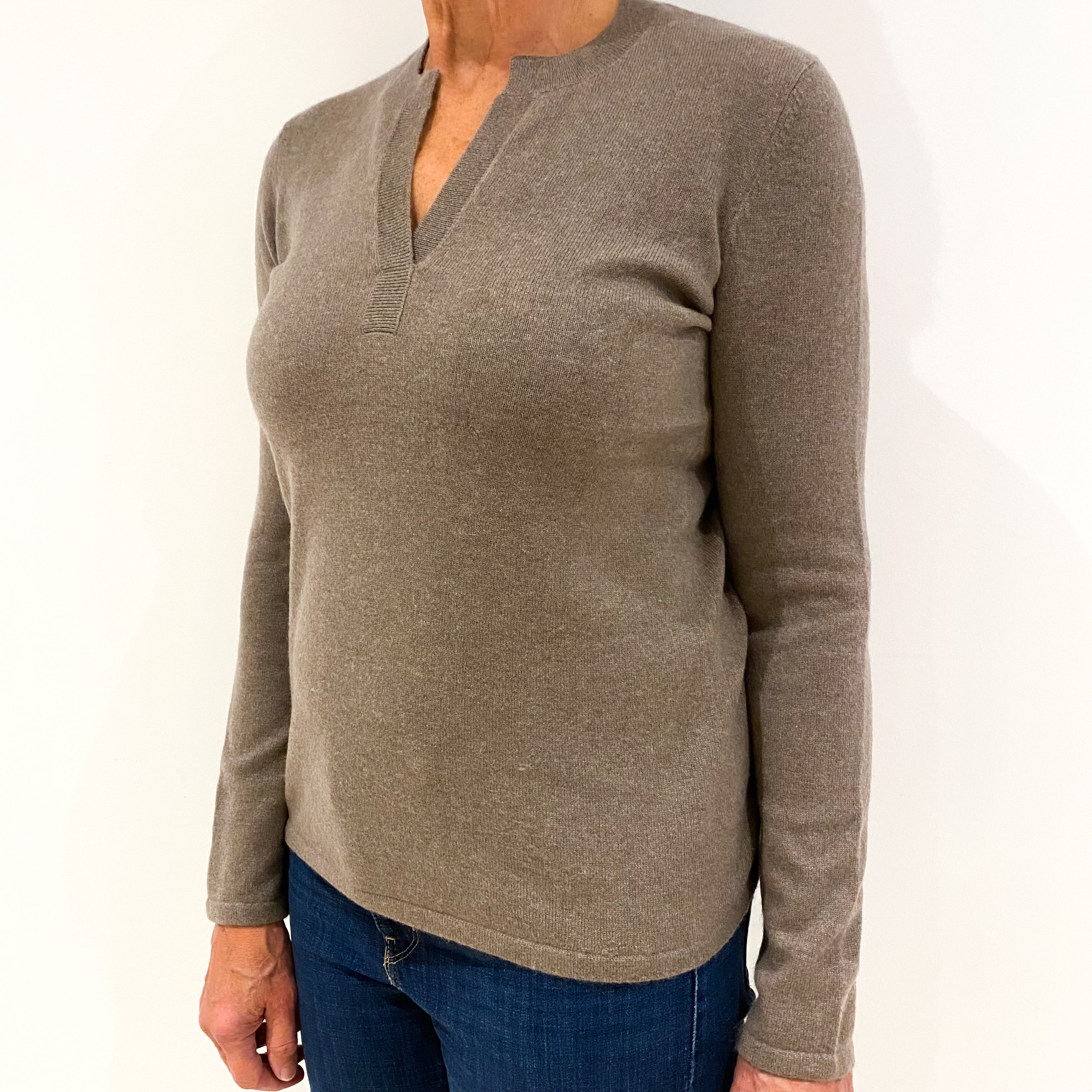 Mocha Brown Cashmere Notch Neck Jumper Medium