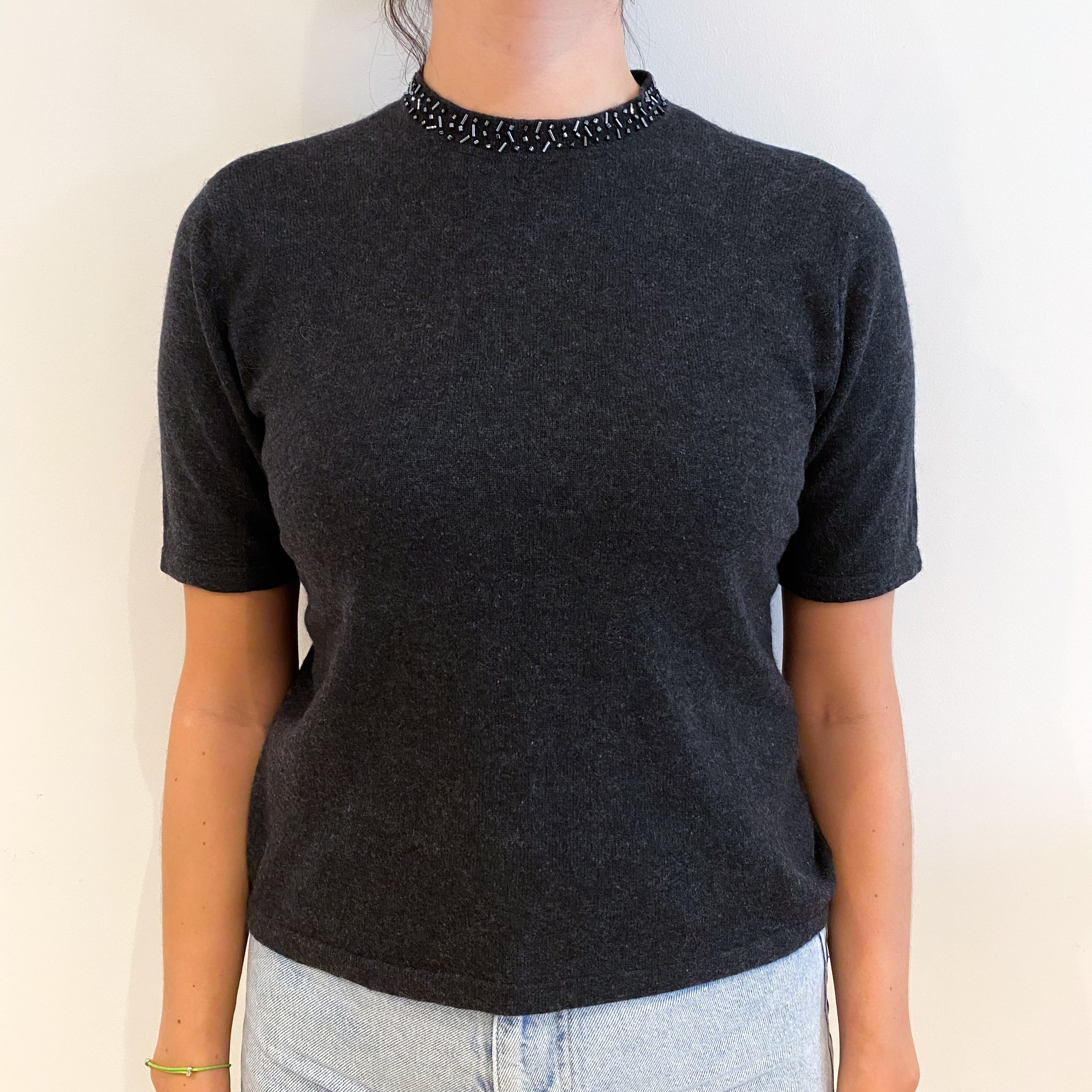 Charcoal Grey Cashmere Crew Neck Short Sleeve Jumper Small