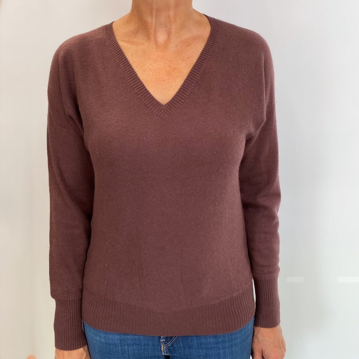 Russet Brown Cashmere V Neck Batwing Jumper Medium