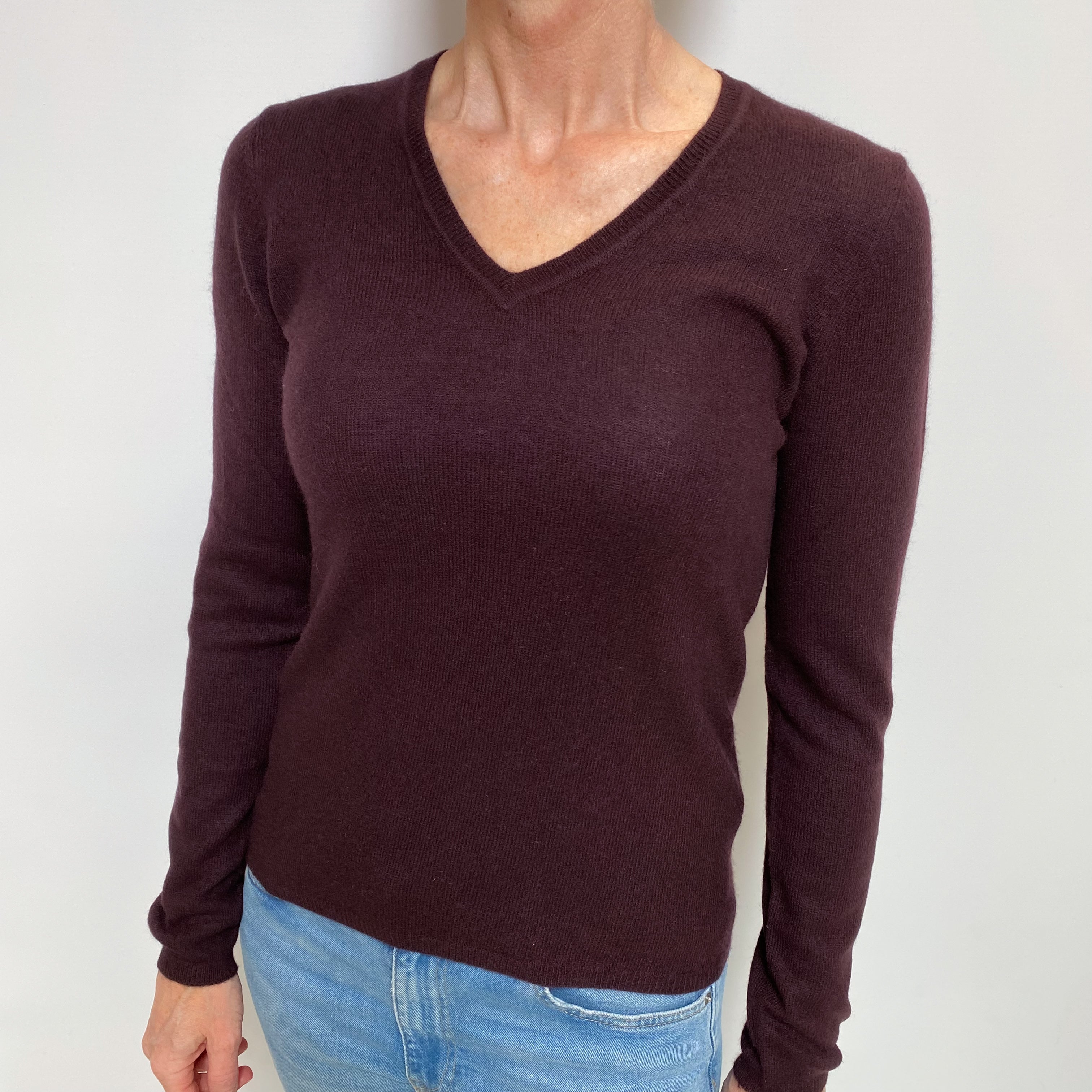 Aubergine Brown Cashmere V Neck Jumper Small