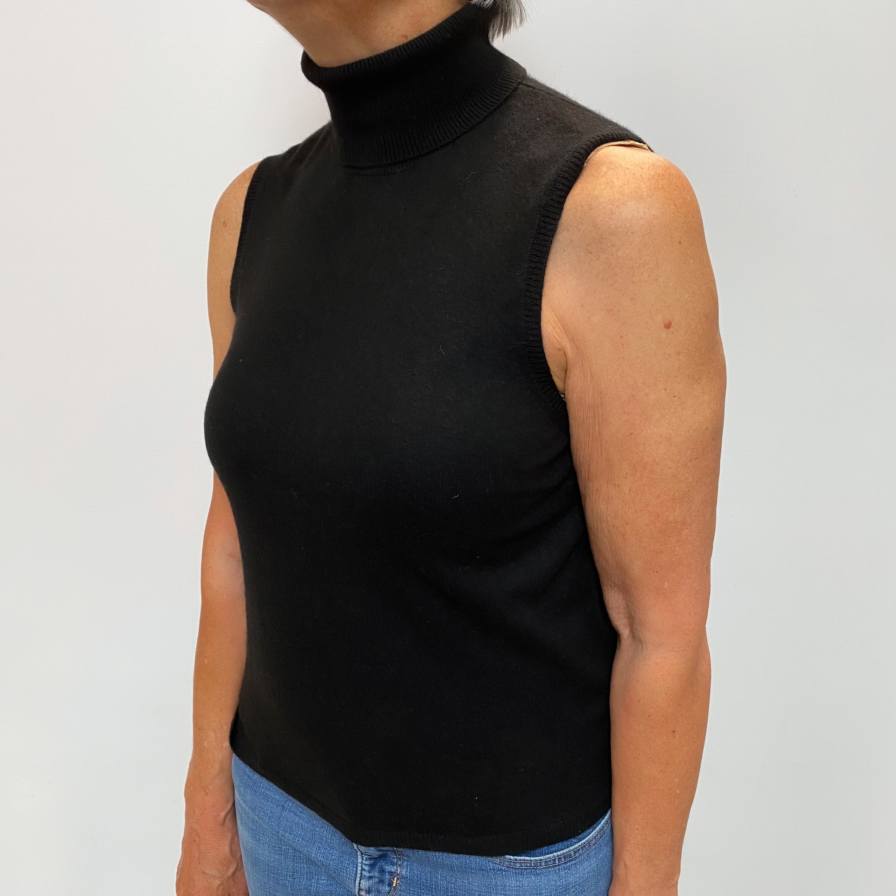 Black Cashmere Polo Neck Sleeveless Jumper Medium