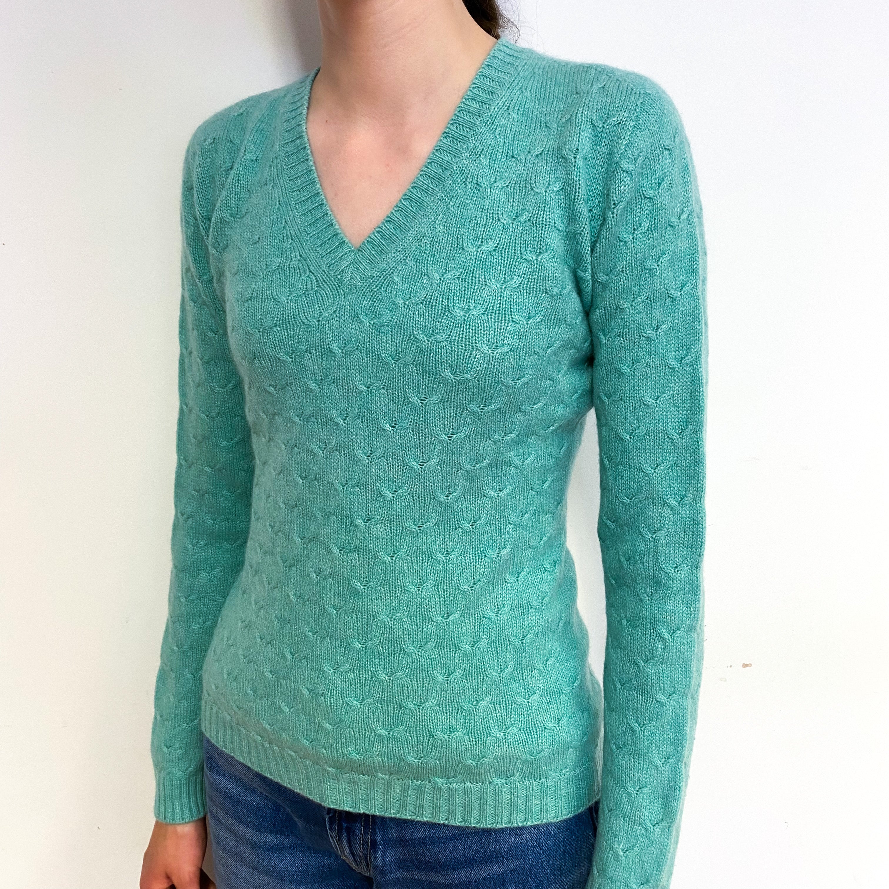 Scottish Estuary Green Cashmere V-Neck Jumper Extra Small