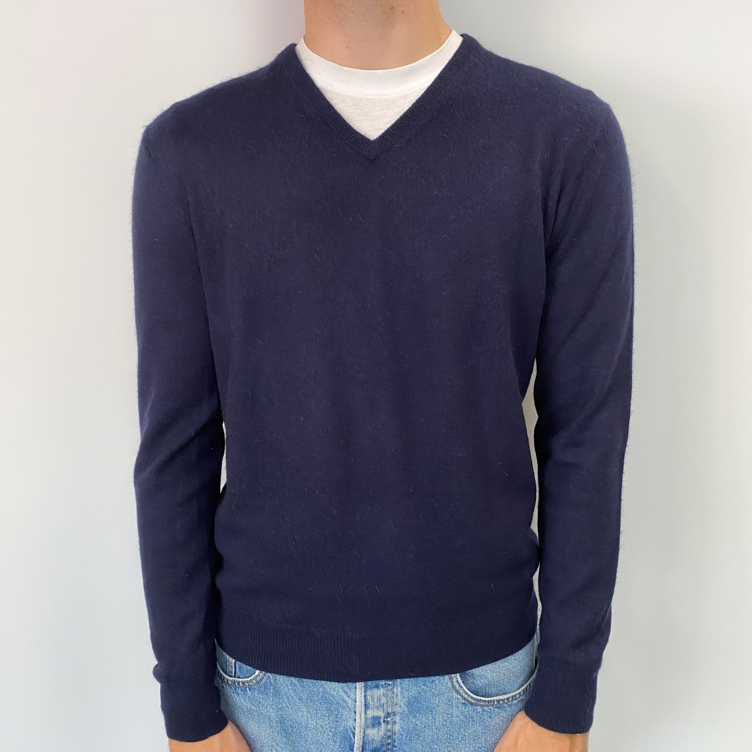 Men's Italian Navy Cashmere V Neck Jumper Medium