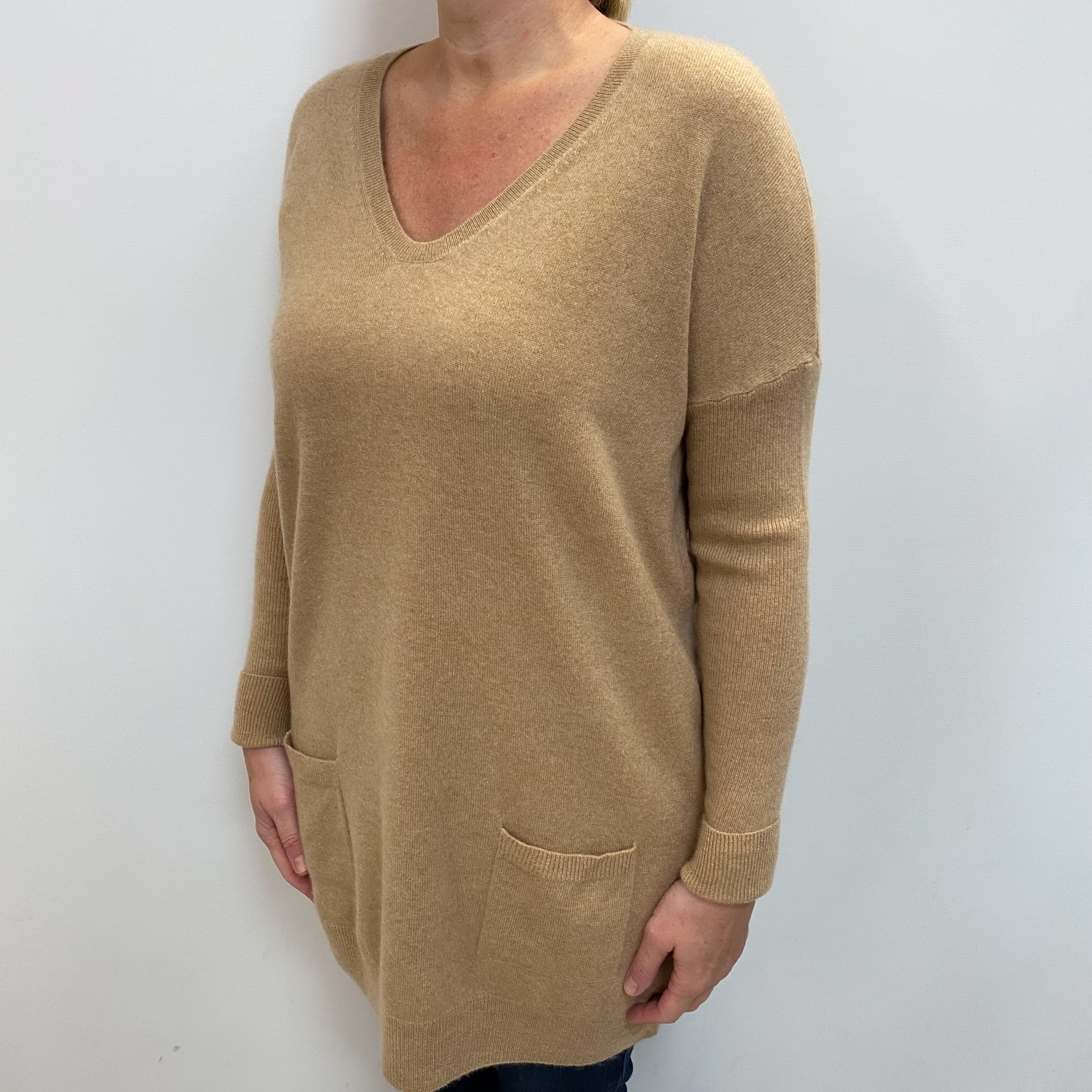 Caramel Brown Cashmere V Neck Tunic Jumper Large