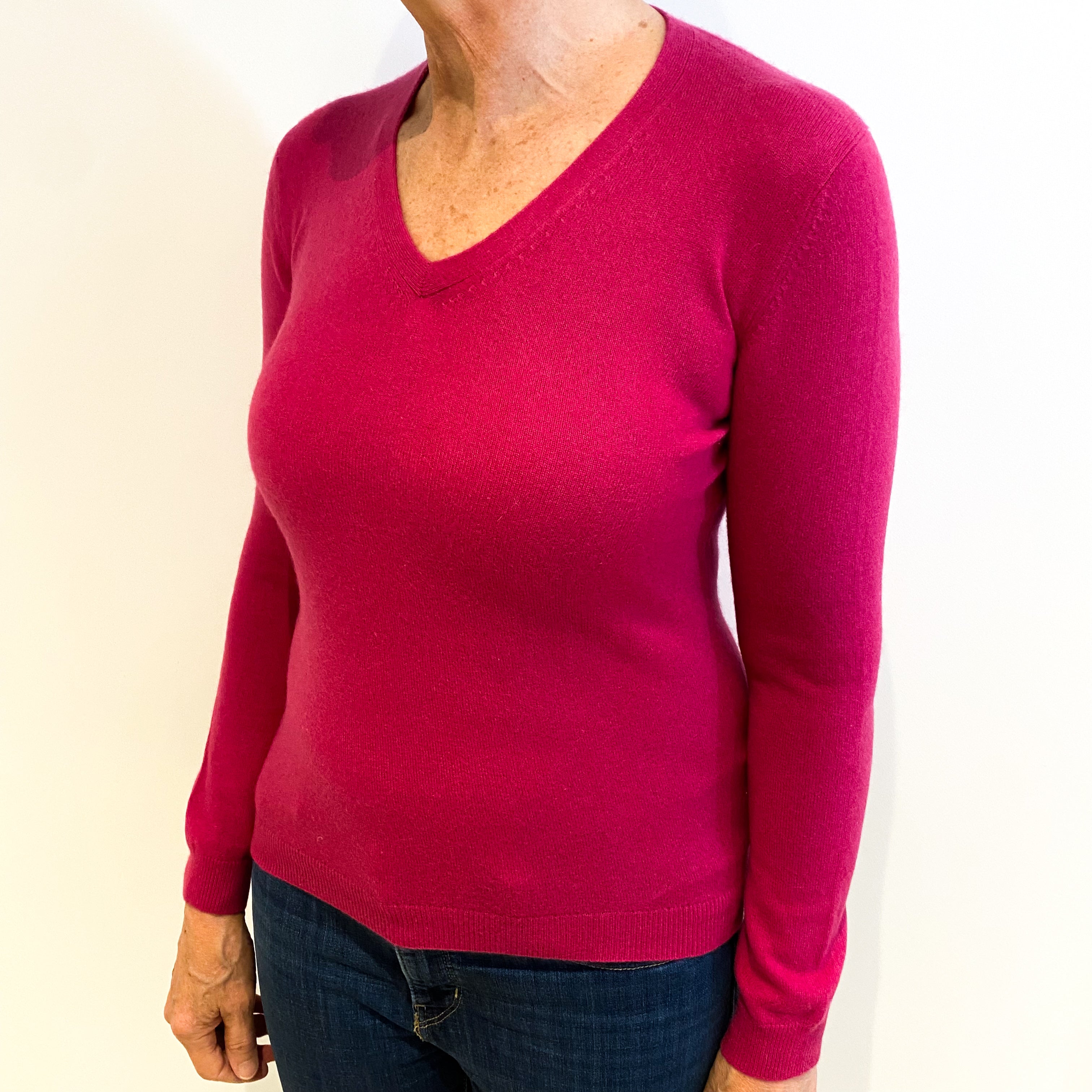 Fuchsia Pink Cashmere V Neck Jumper Medium