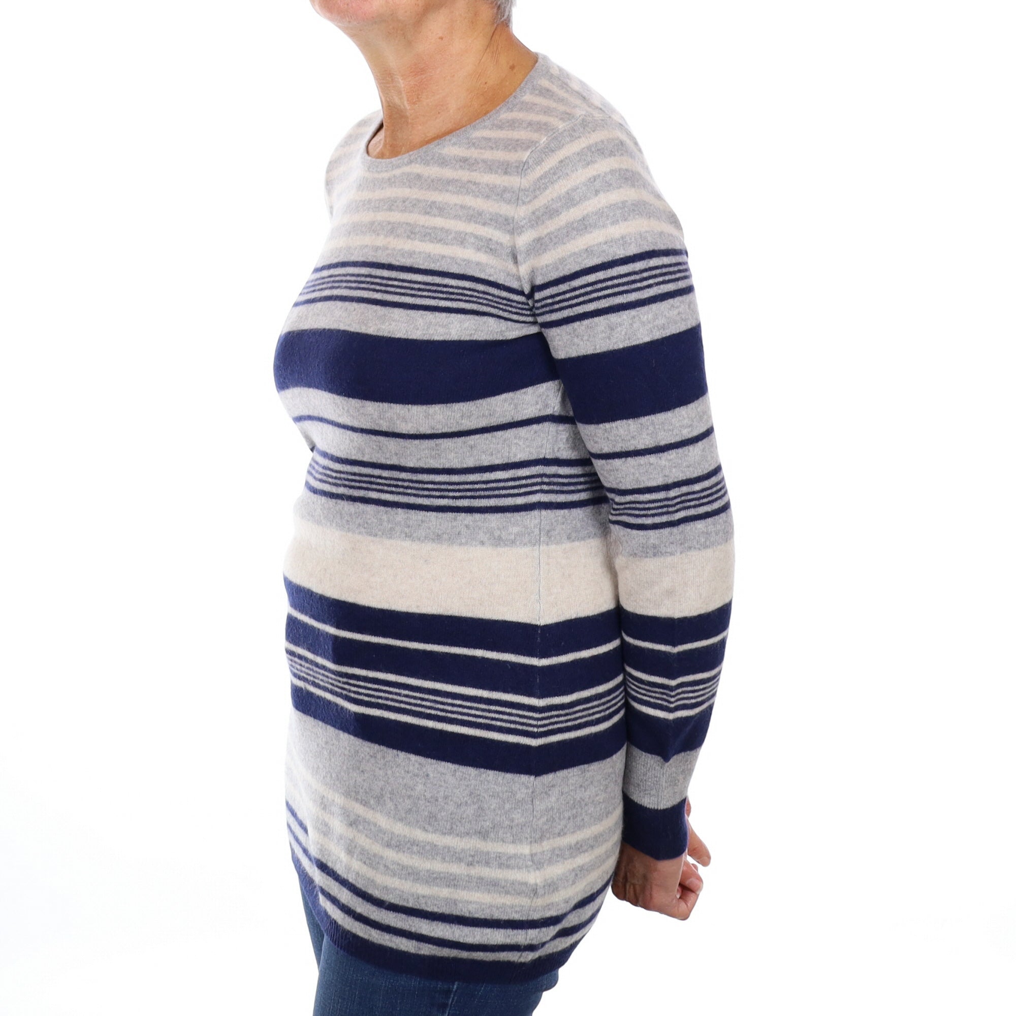 Navy and Grey Stripe Cashmere Crew Neck Jumper Medium
