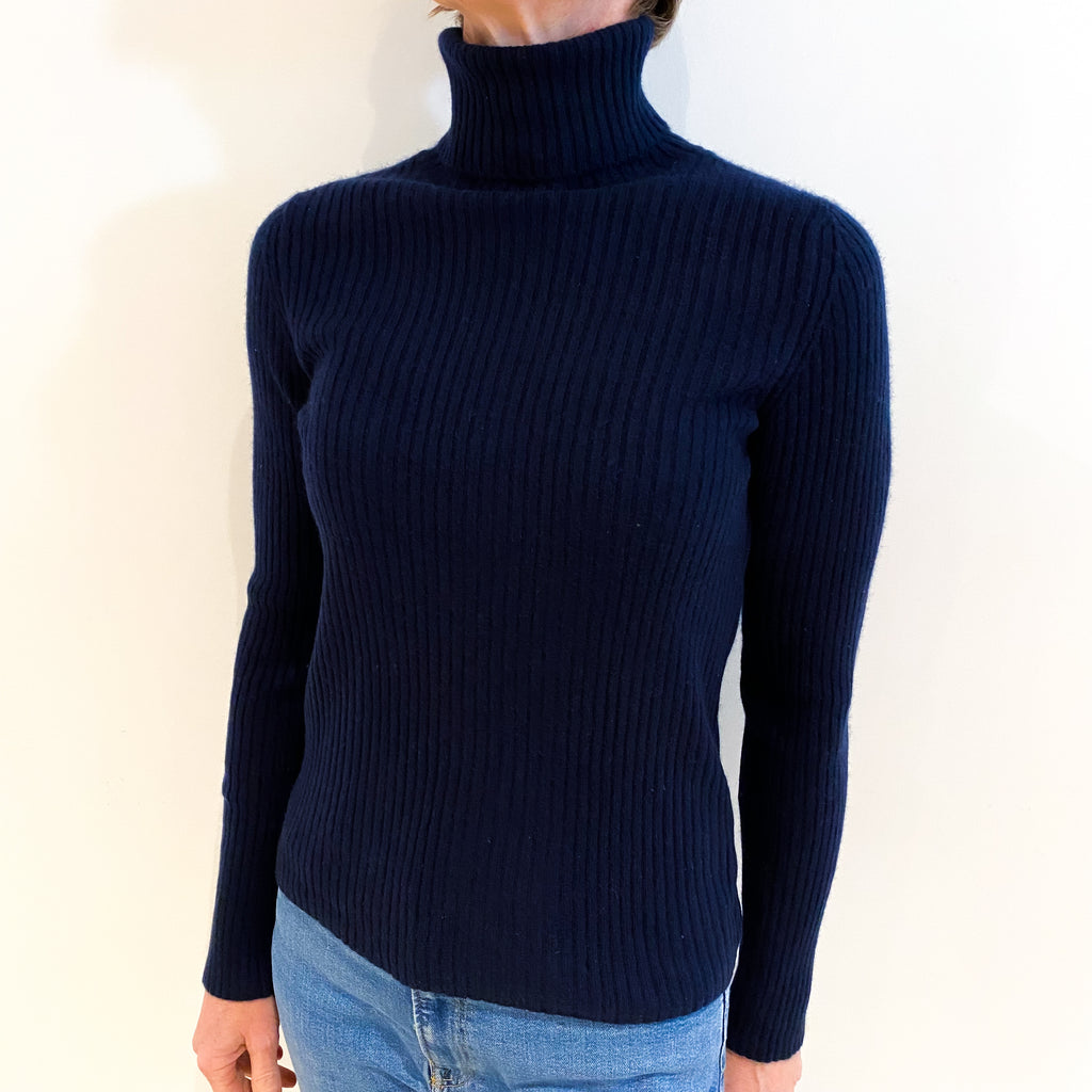 Navy Skinny Rib Cashmere Polo Neck Jumper Small