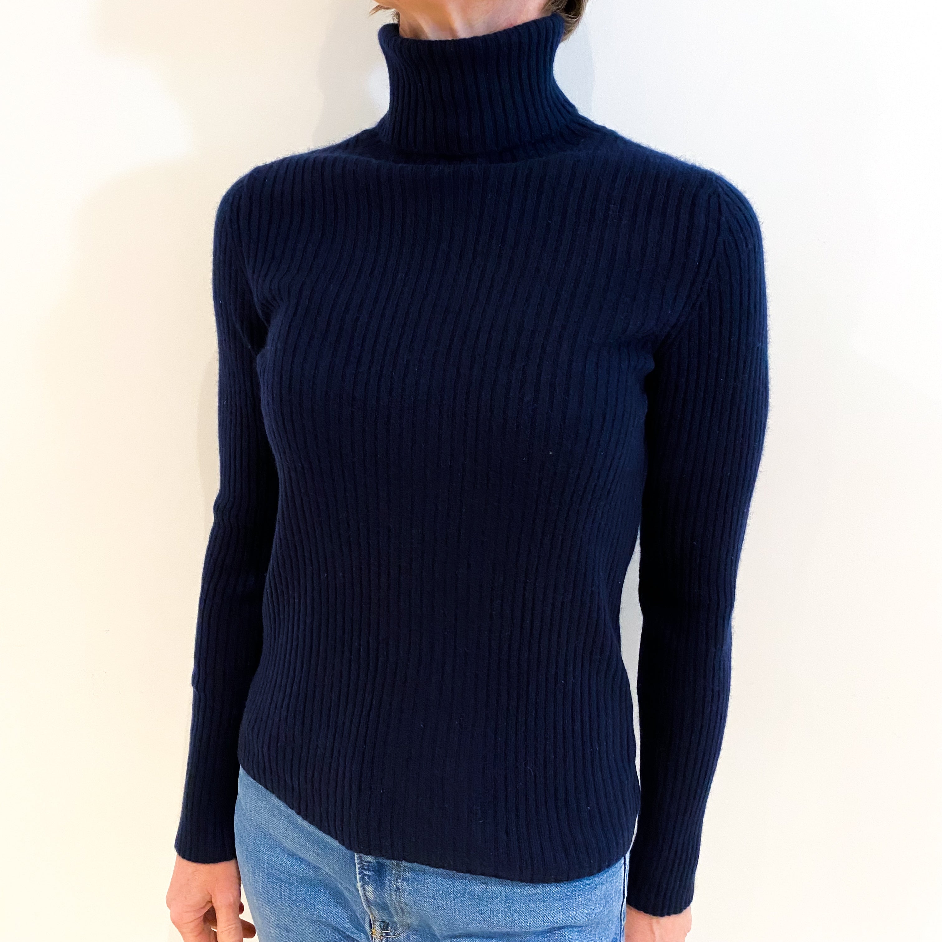 Navy Skinny Rib Cashmere Polo Neck Jumper Small
