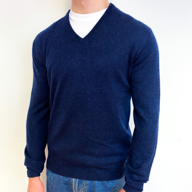 Men's Naval Blue Cashmere V-Neck Jumper Small