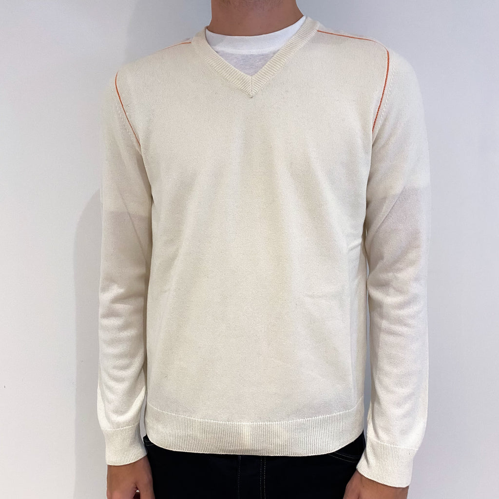 Men's Ivory Orange Trim Cashmere V-Neck Jumper Medium