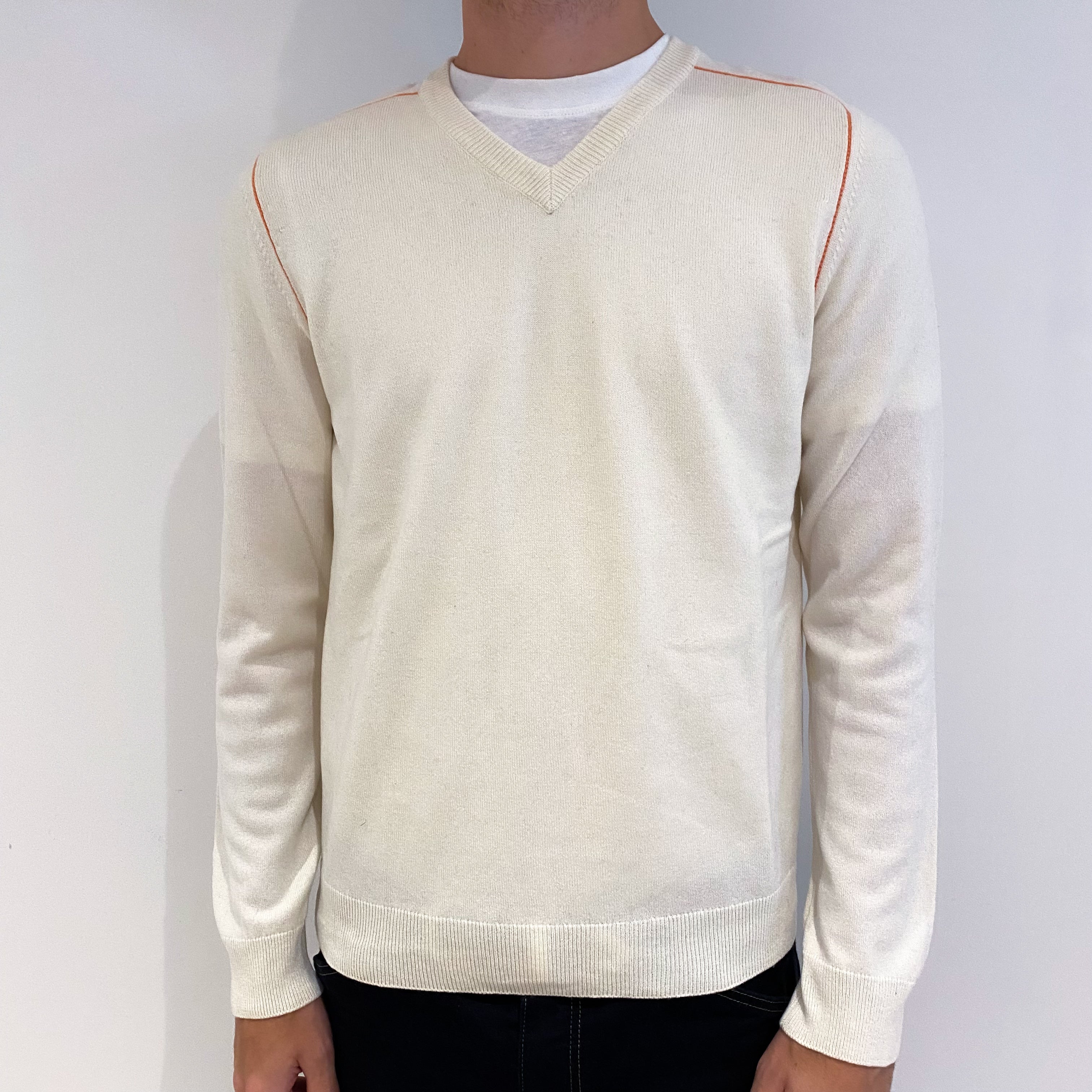 Men's Ivory Orange Trim Cashmere V-Neck Jumper Medium