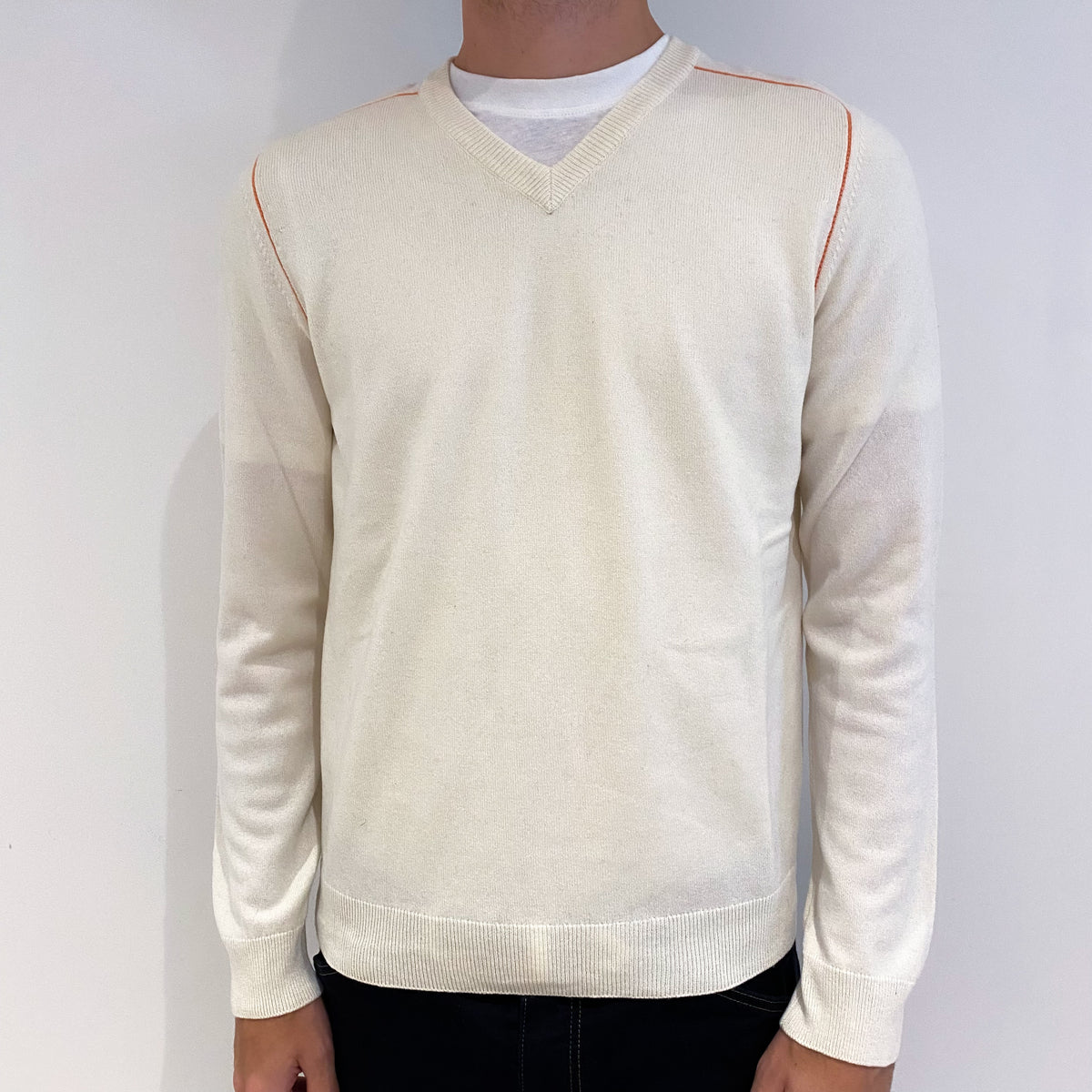 Men's Ivory Orange Trim Cashmere V-Neck Jumper Medium