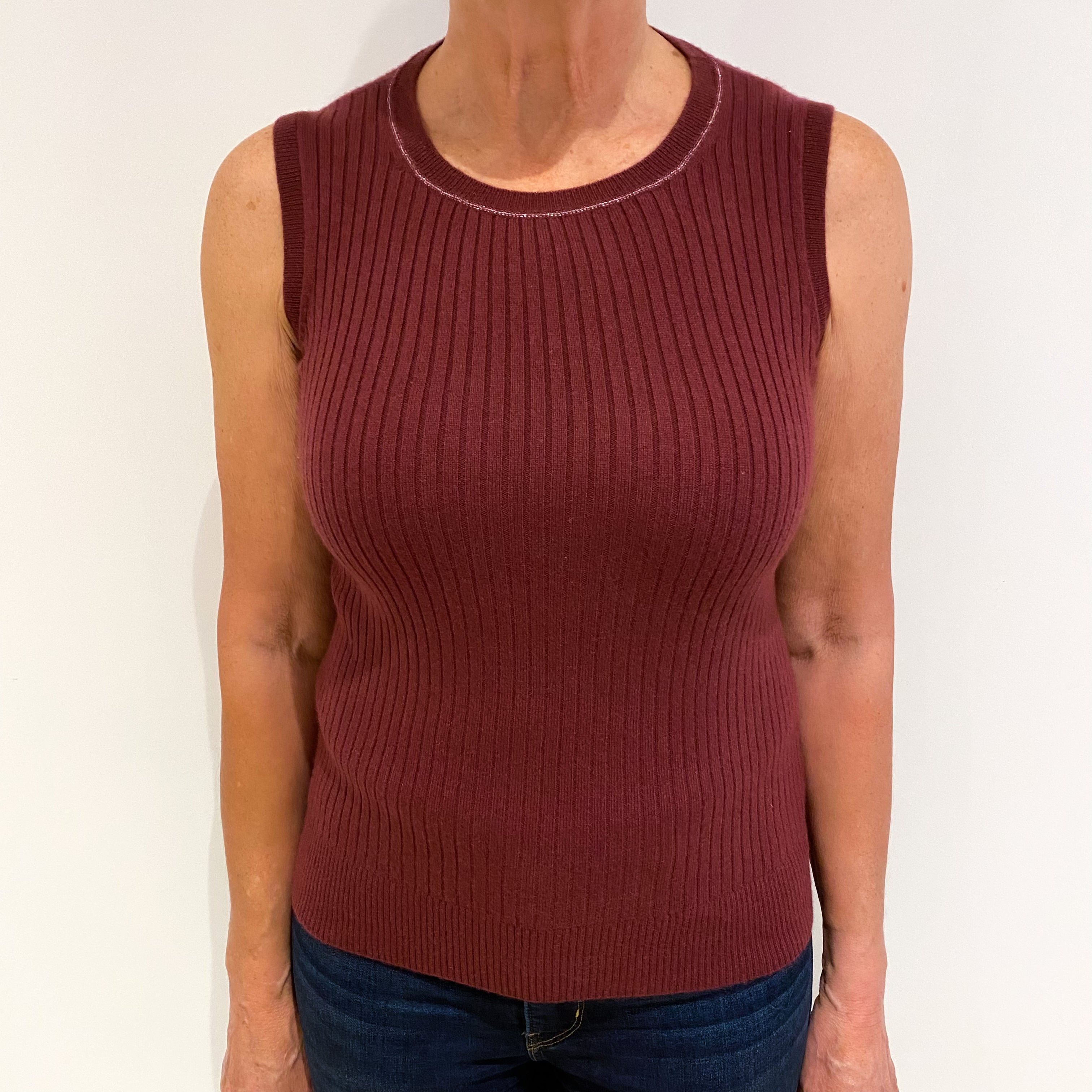 Brick Red Rib Knit Cashmere Twin Set Cardigan Medium