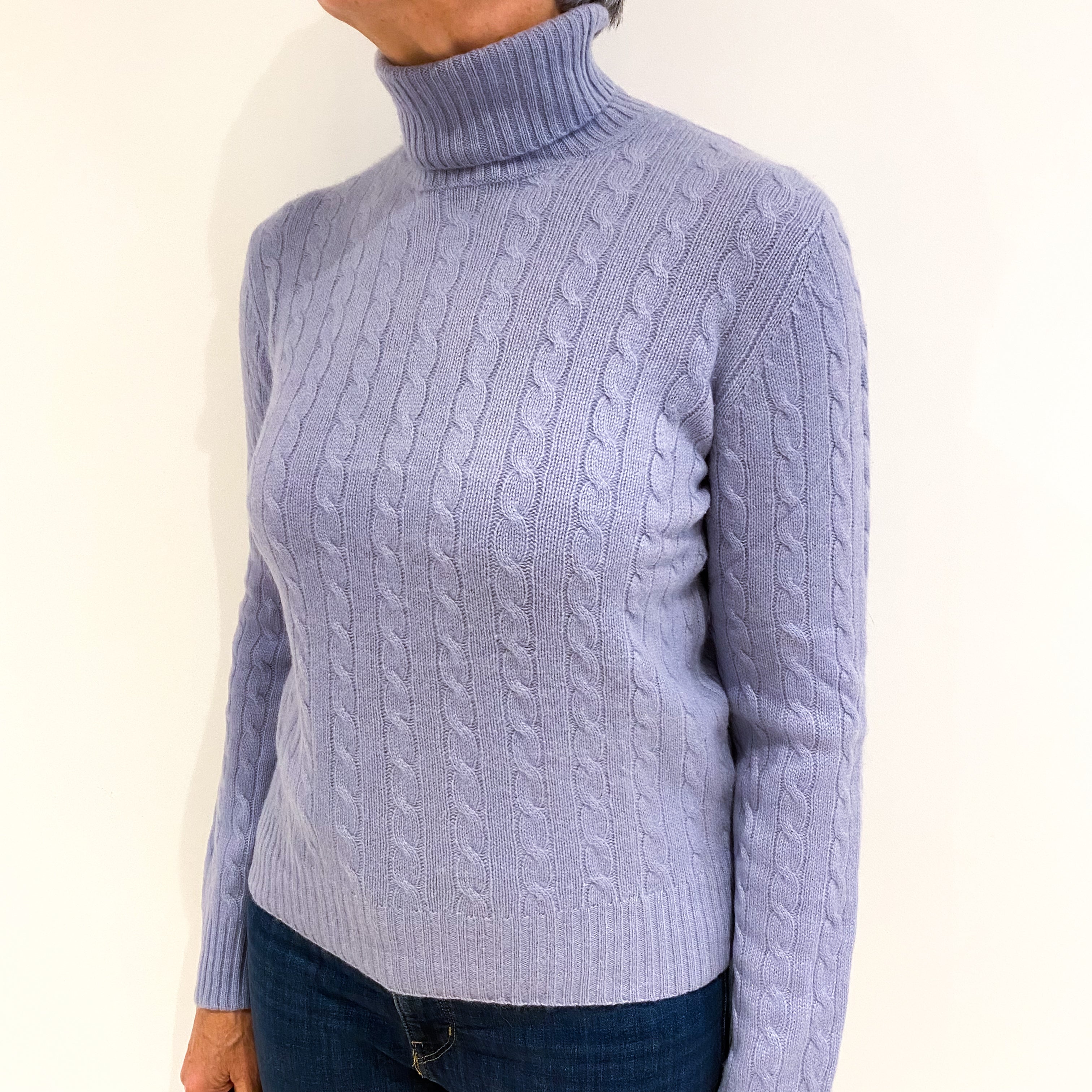 Palest Amethyst Purple Cable Cashmere Polo Neck Jumper Medium