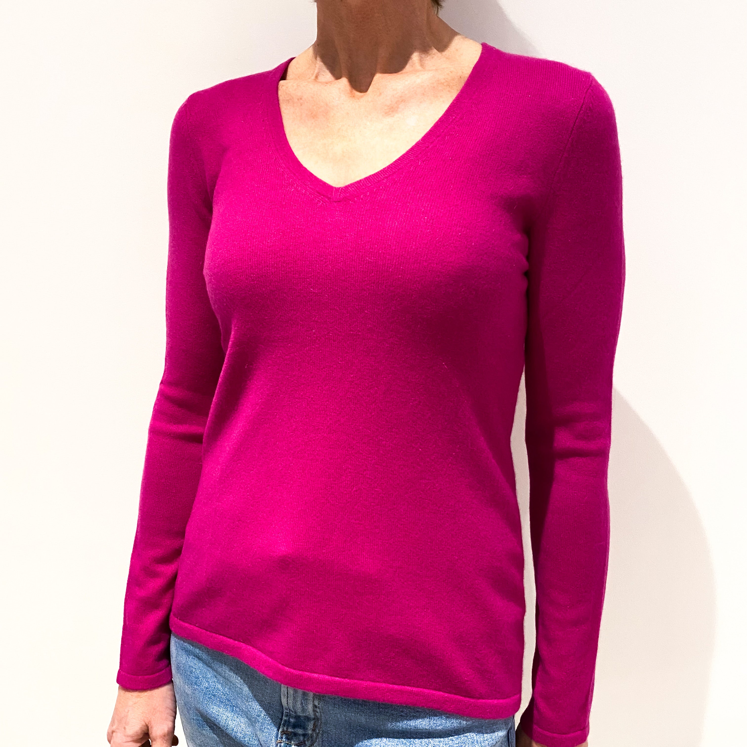 Magenta Pink Cashmere V-Neck Jumper Small