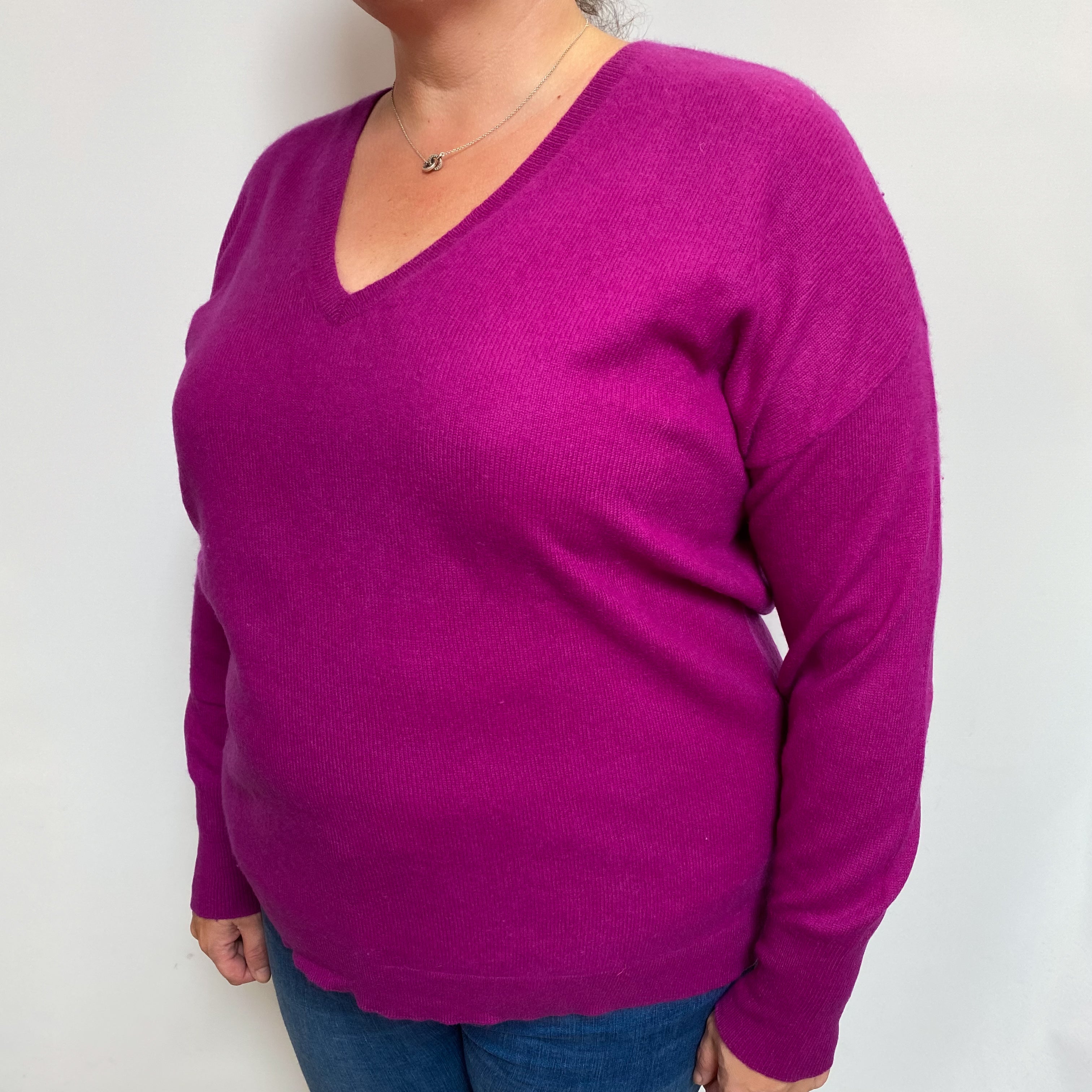 Magenta Purple Cashmere V Neck Jumper Extra Large