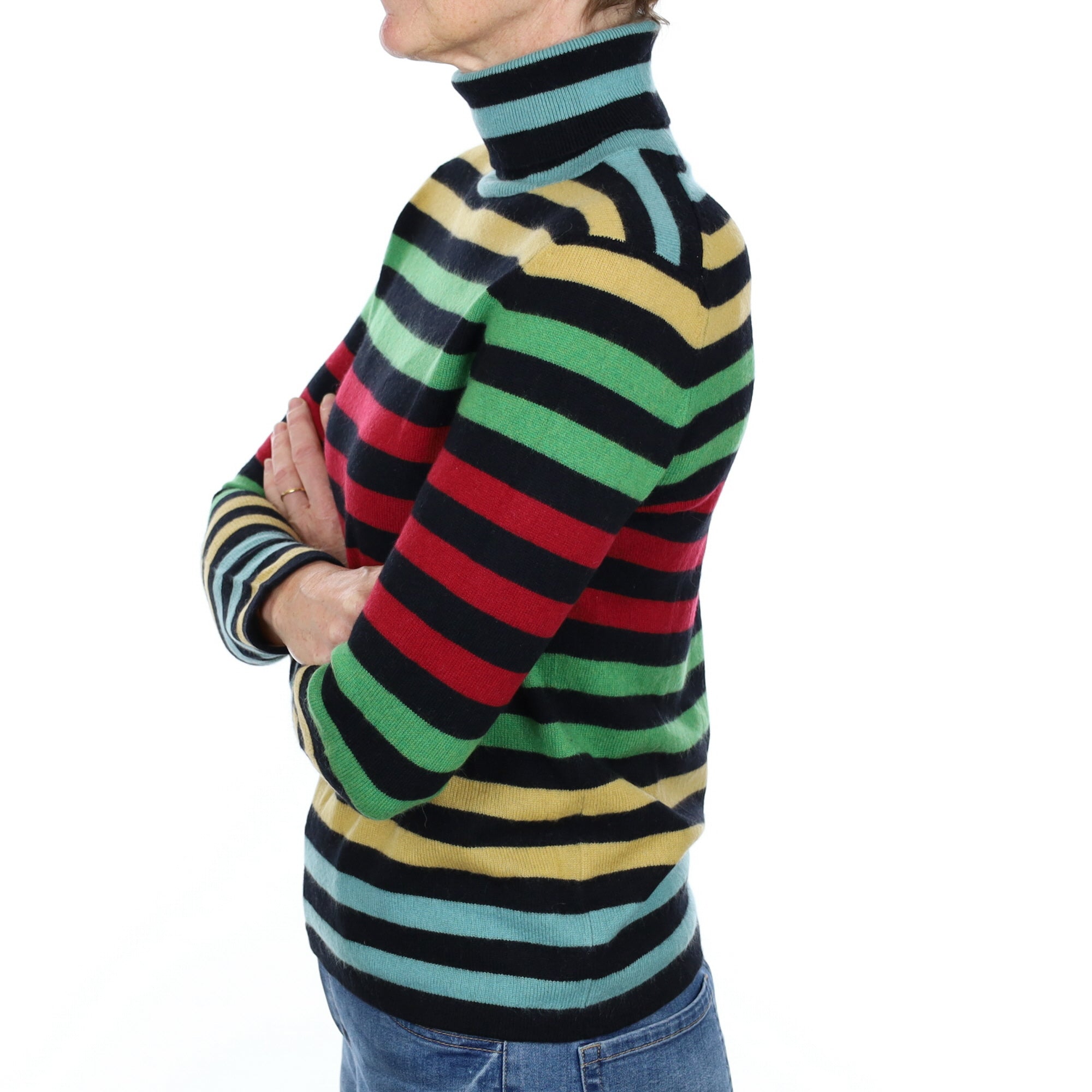 Black Multicoloured Striped Cashmere Polo Neck Jumper Small