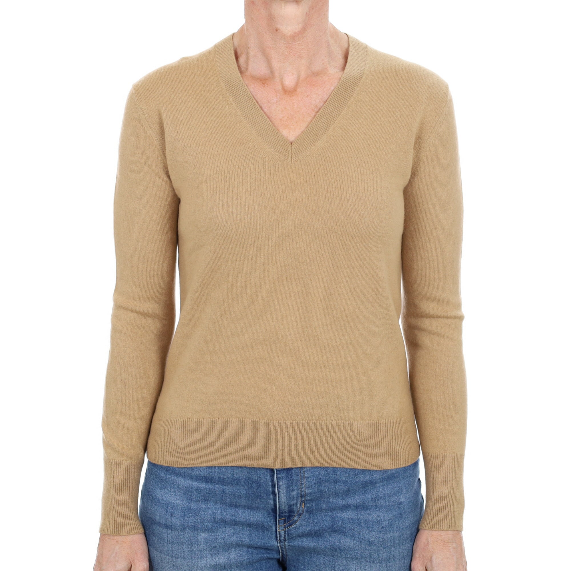 Camel Brown Cashmere V Neck Jumper Small